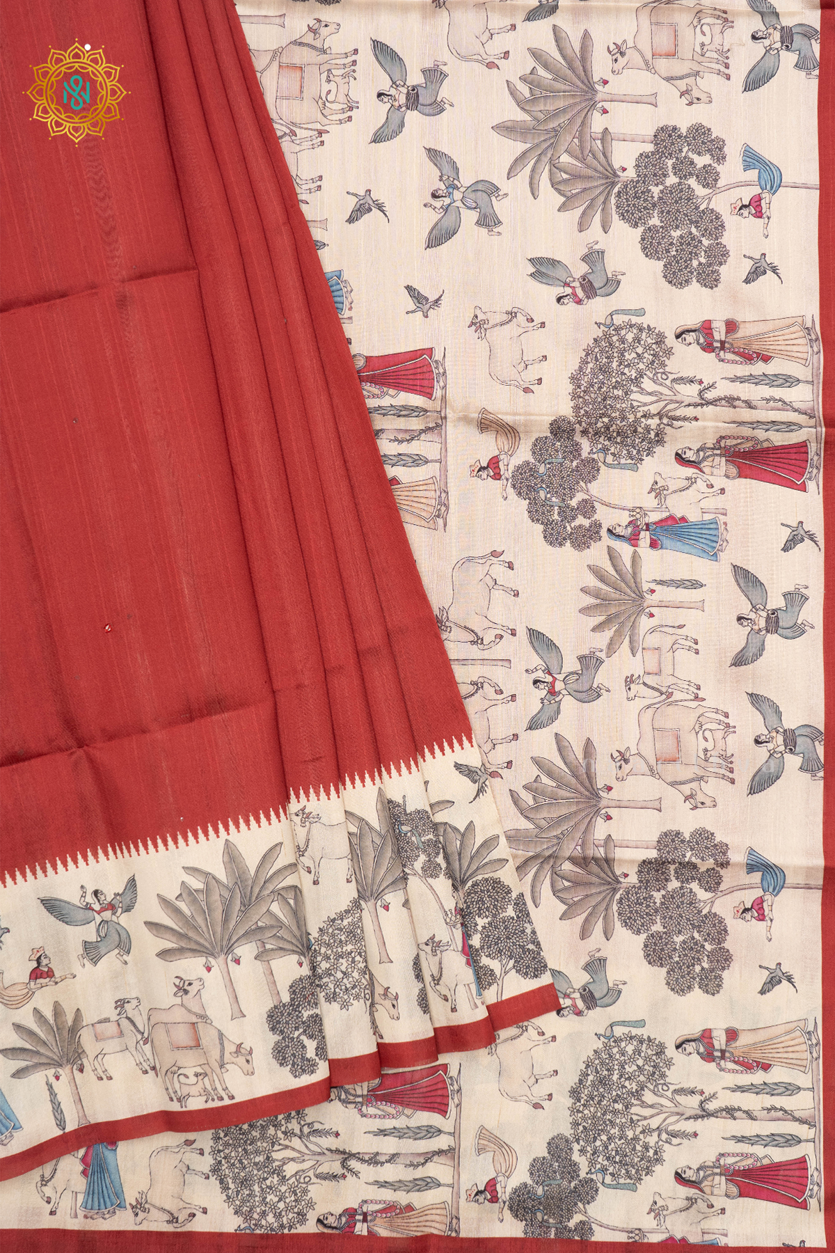 RED WITH WHITE - SEMI TUSSAR SILK
