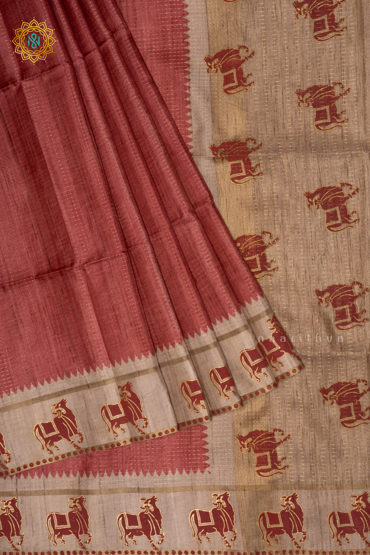 RED WITH BEIGE - SEMI TUSSAR SILK