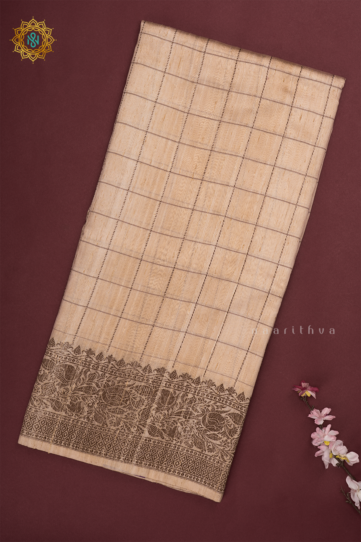 Off White with Red Pure Banarasi Raw Silk Saree With Allover Zari Checks And Zari Border