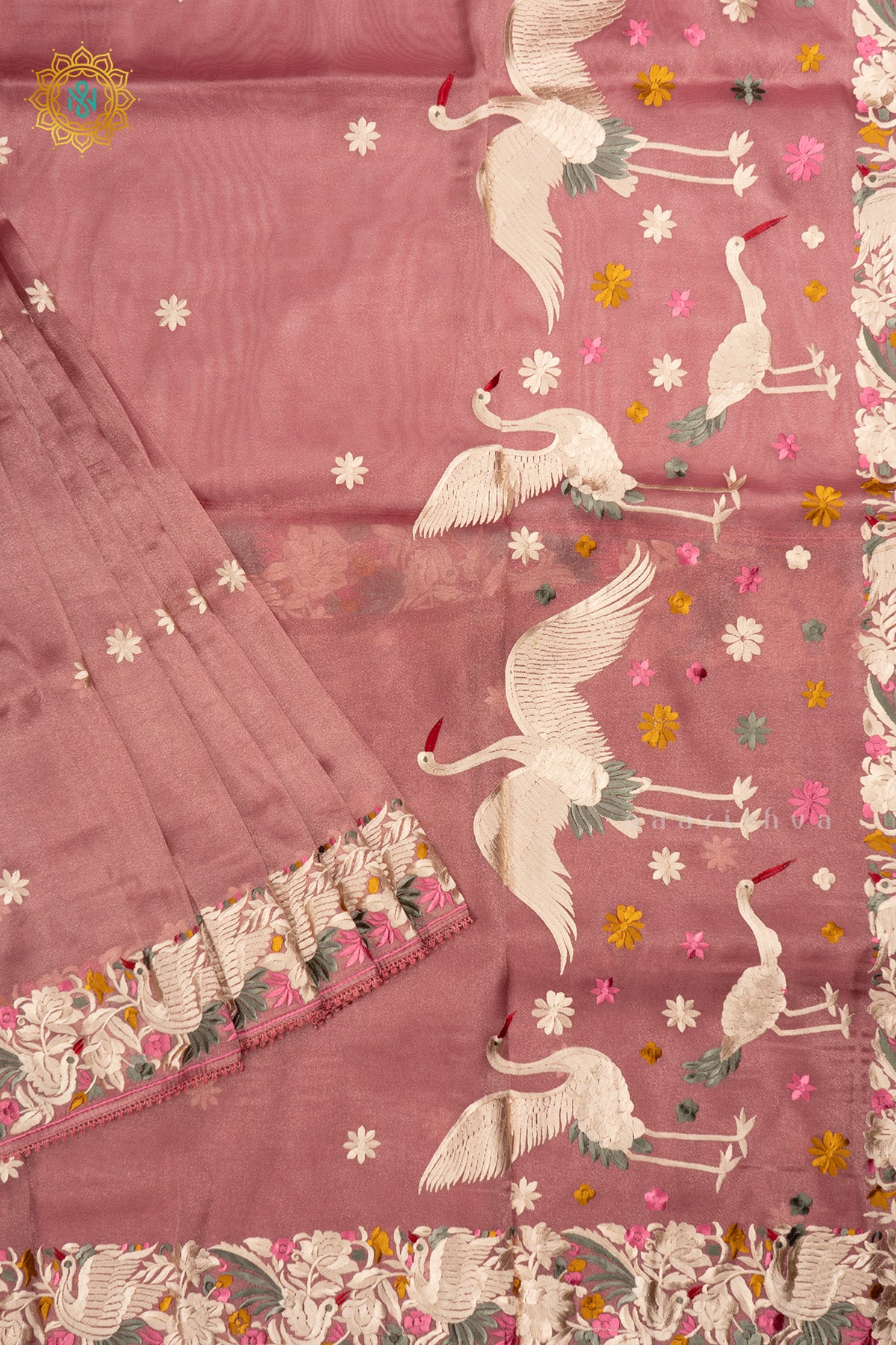Peachish Pink Tissue Organza Saree All Over Hand Embroidery Buttas with Hand Embroidery Border