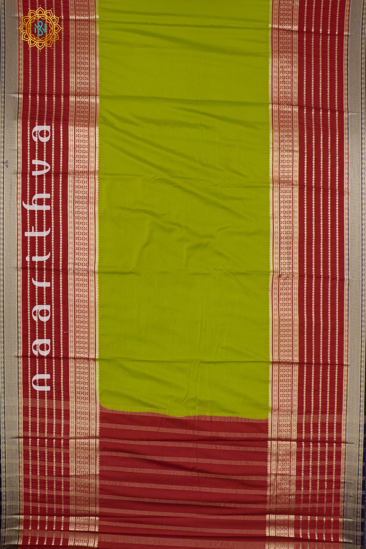 PARROT GREEN WITH MAROON & NAVY BLUE - SEMI MYSORE CREPE SILK