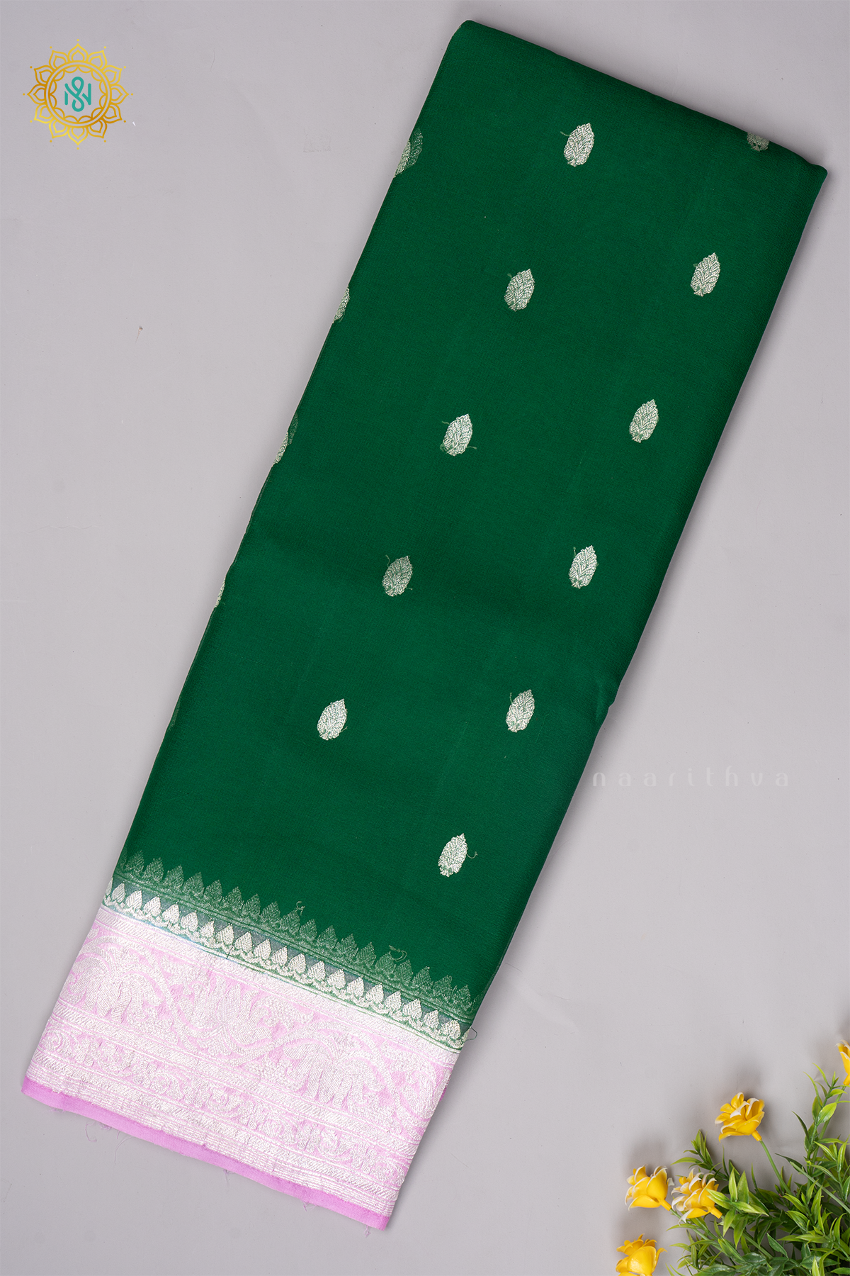 GREEN WITH PINK - PURE BANARASI CHIFFON