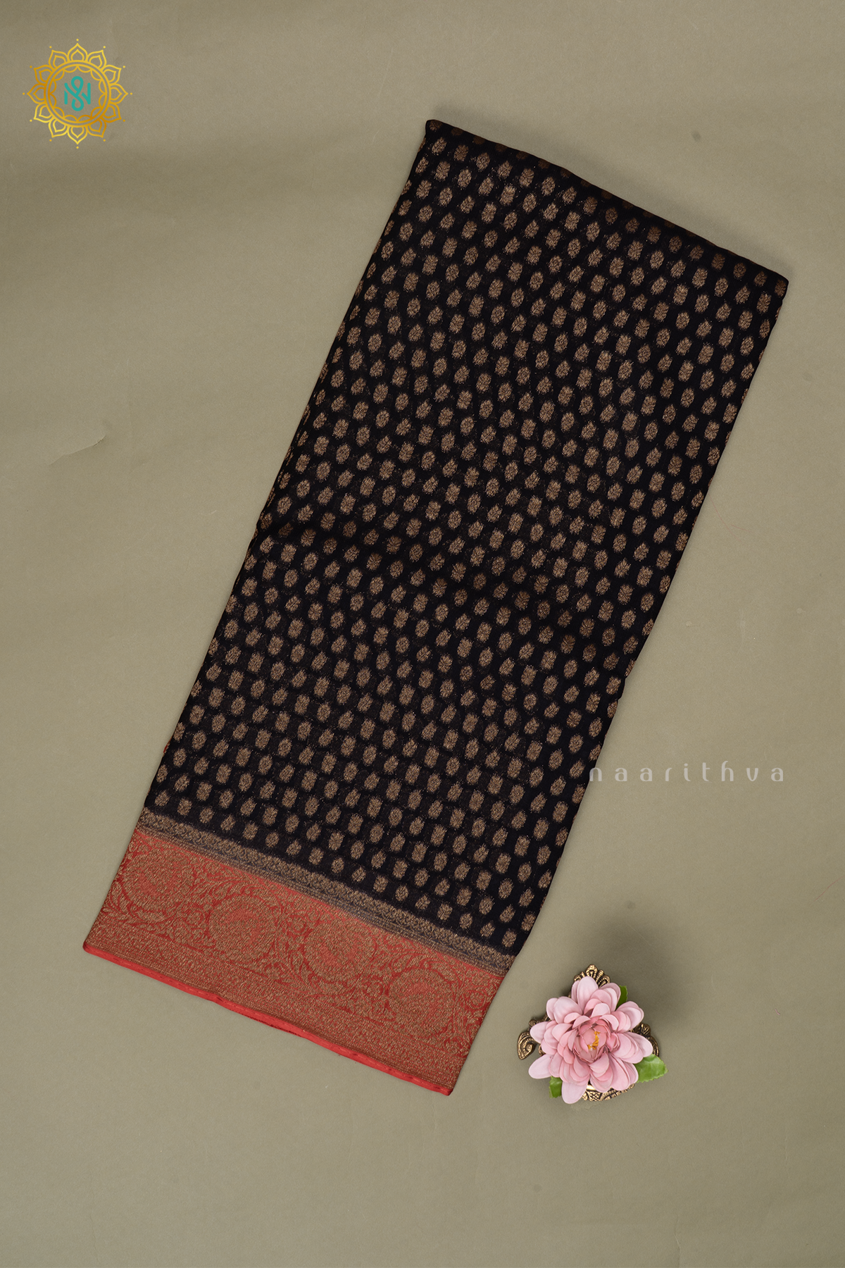Black With Red Semi Banarasi Georgette Saree Allover Zari Buttas On The Body With Contrast Zari Border & Pallu