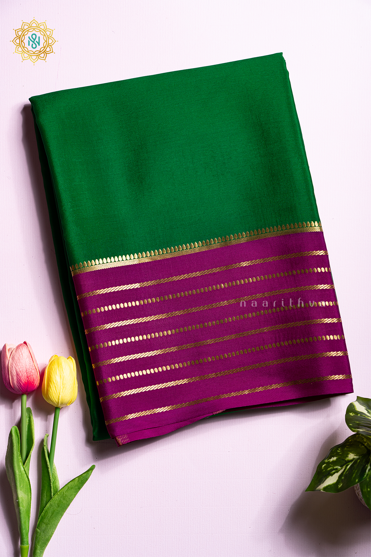 GREEN WITH PINK - PURE MYSORE CREPE SILK