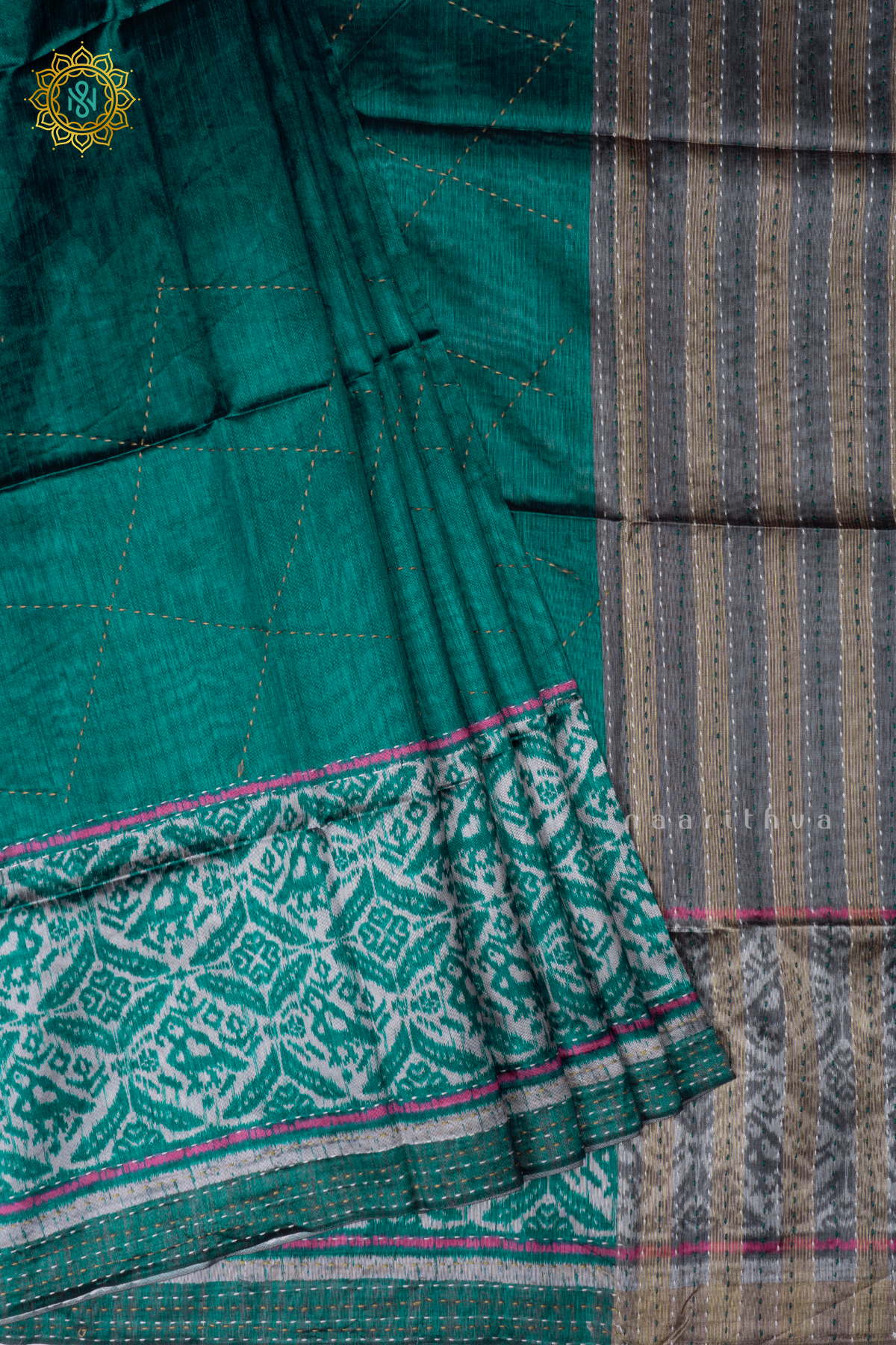 Aqua Green Semi Tussar Silk Saree With Ikkat Print Border