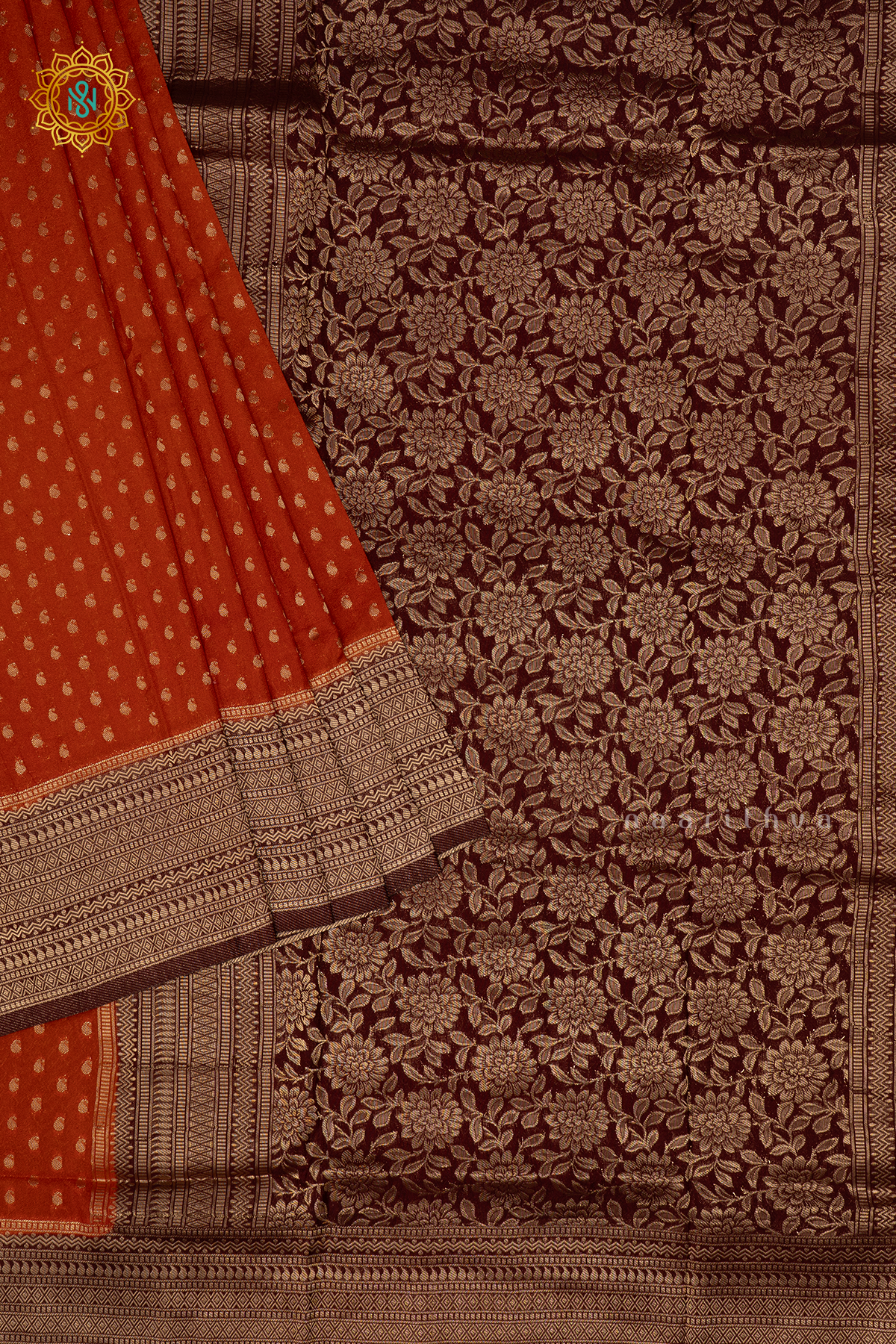 Rust Orange with Brown Semi-Crepe Georgette Saree with Zari Buttas on the Body and a Contrast Zari Border