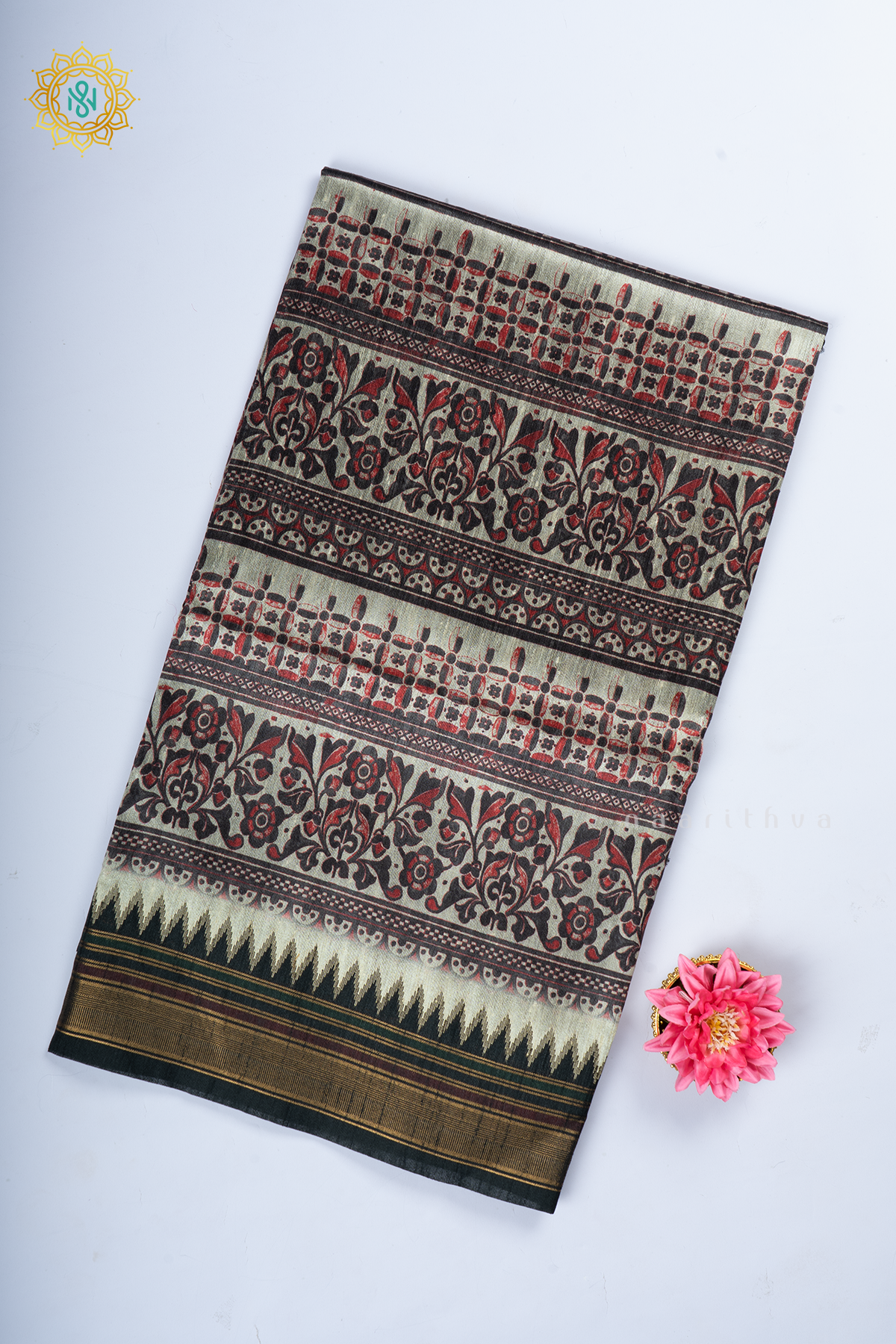 Black Semi Tussar Silk With Printed Body With Zari Border & Pallu