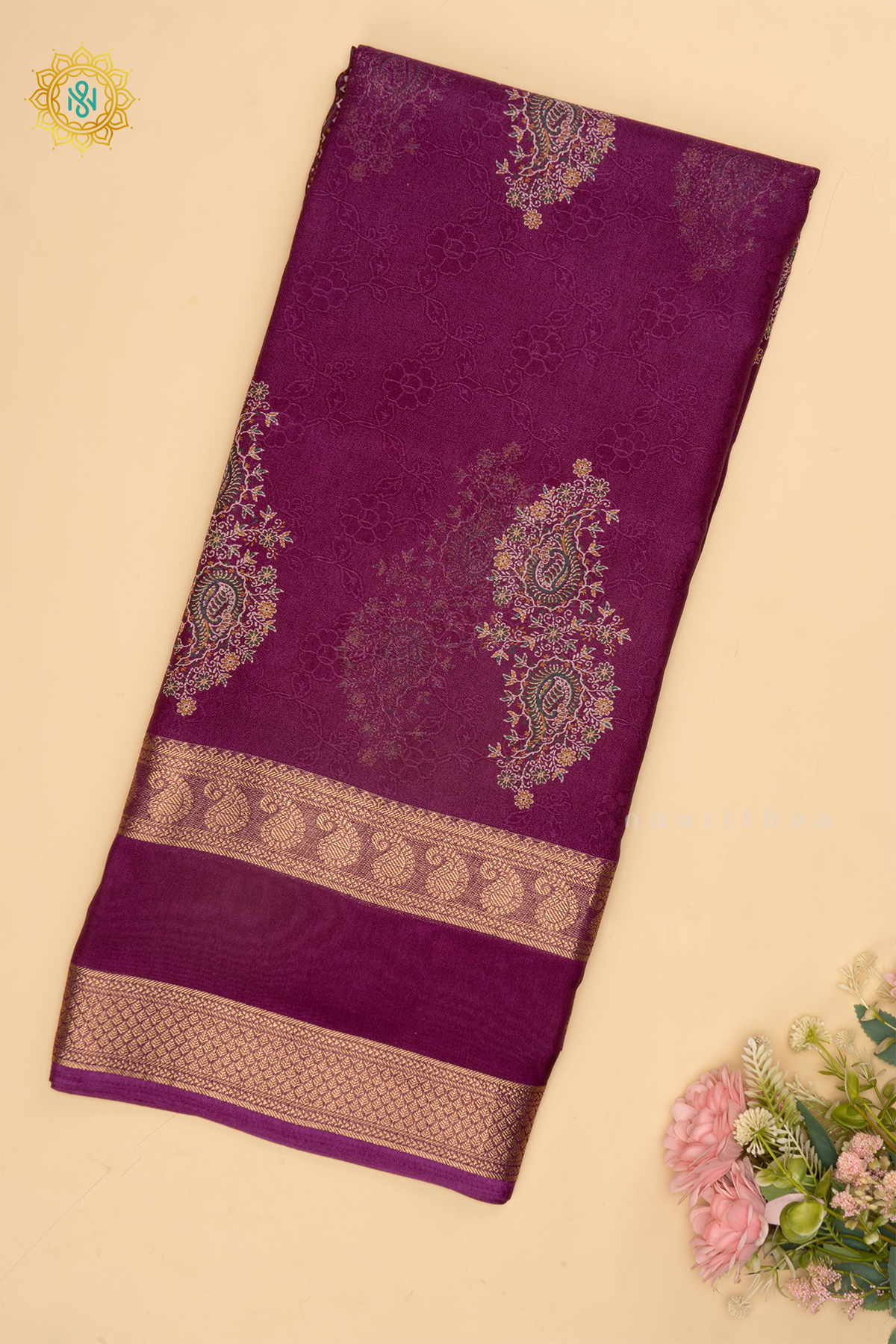 WINE - SEMI GEORGETTE SAREE WITH PRINTED BODY AND ZARI GAP BORDER