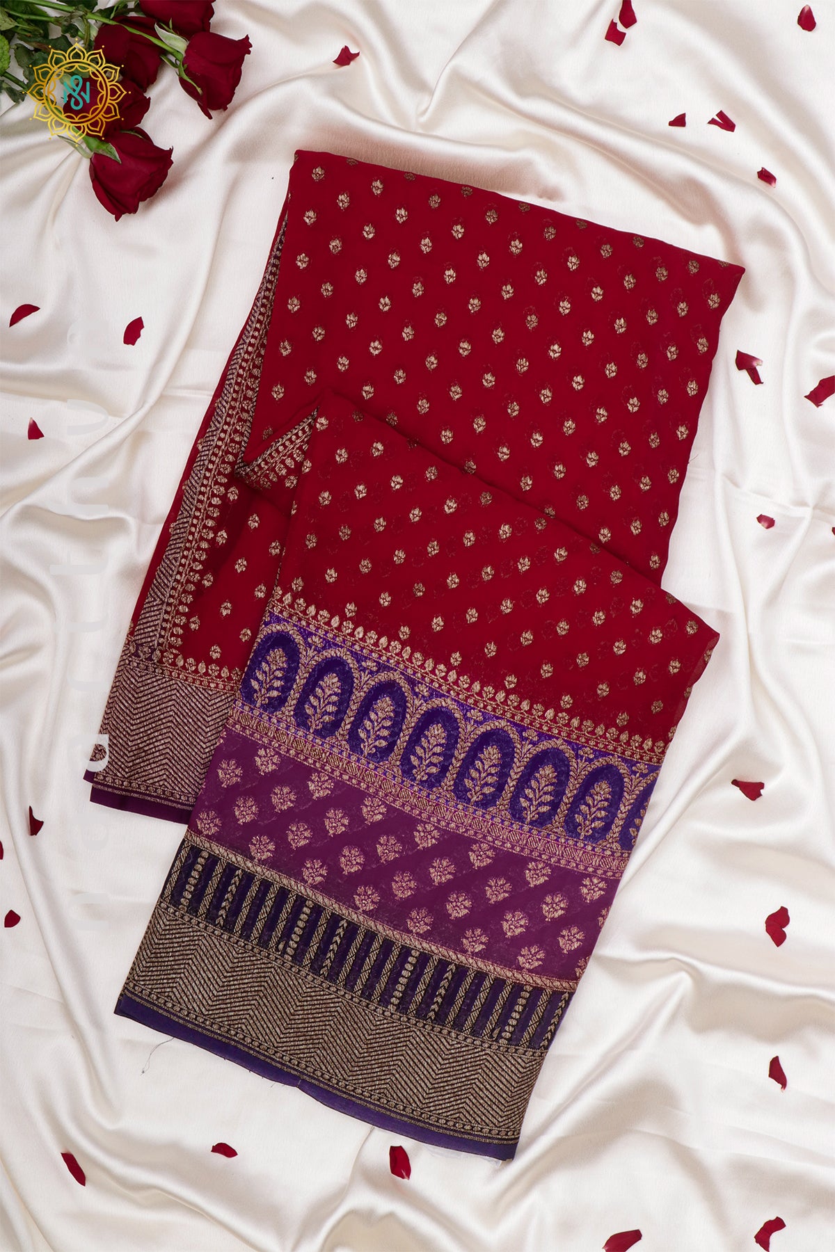 RED WITH PURPLE, PINK & NAVY BLUE - PURE HANDLOOM KHADDI GEORGETTE BANARAS