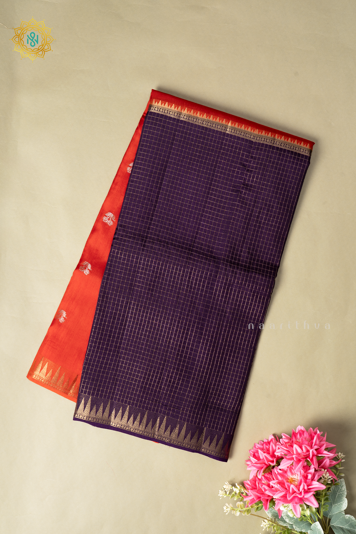 Orange With Purple Semi Crepe Silk Saree With Zari Checks & Buttas On The Body With Half & Half Pattern