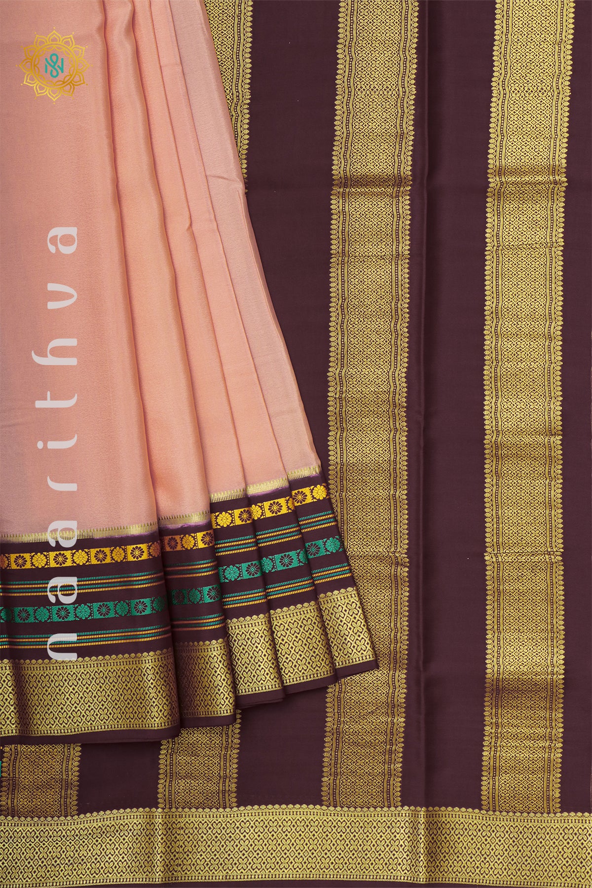 PEACH WITH BROWN - PURE MYSORE CREPE SILK