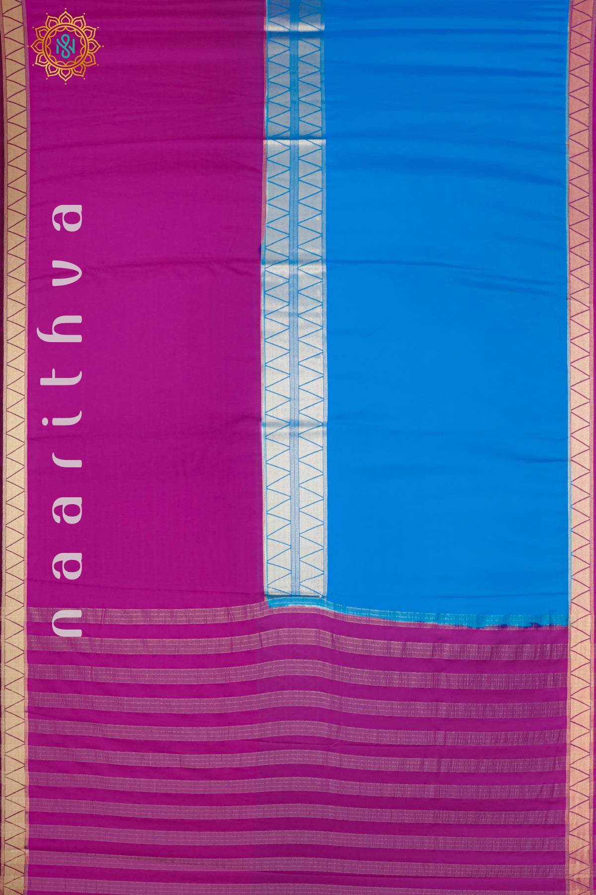 SKY BLUE WITH PINK & WINE - - SEMI MYSORE CREPE SILK