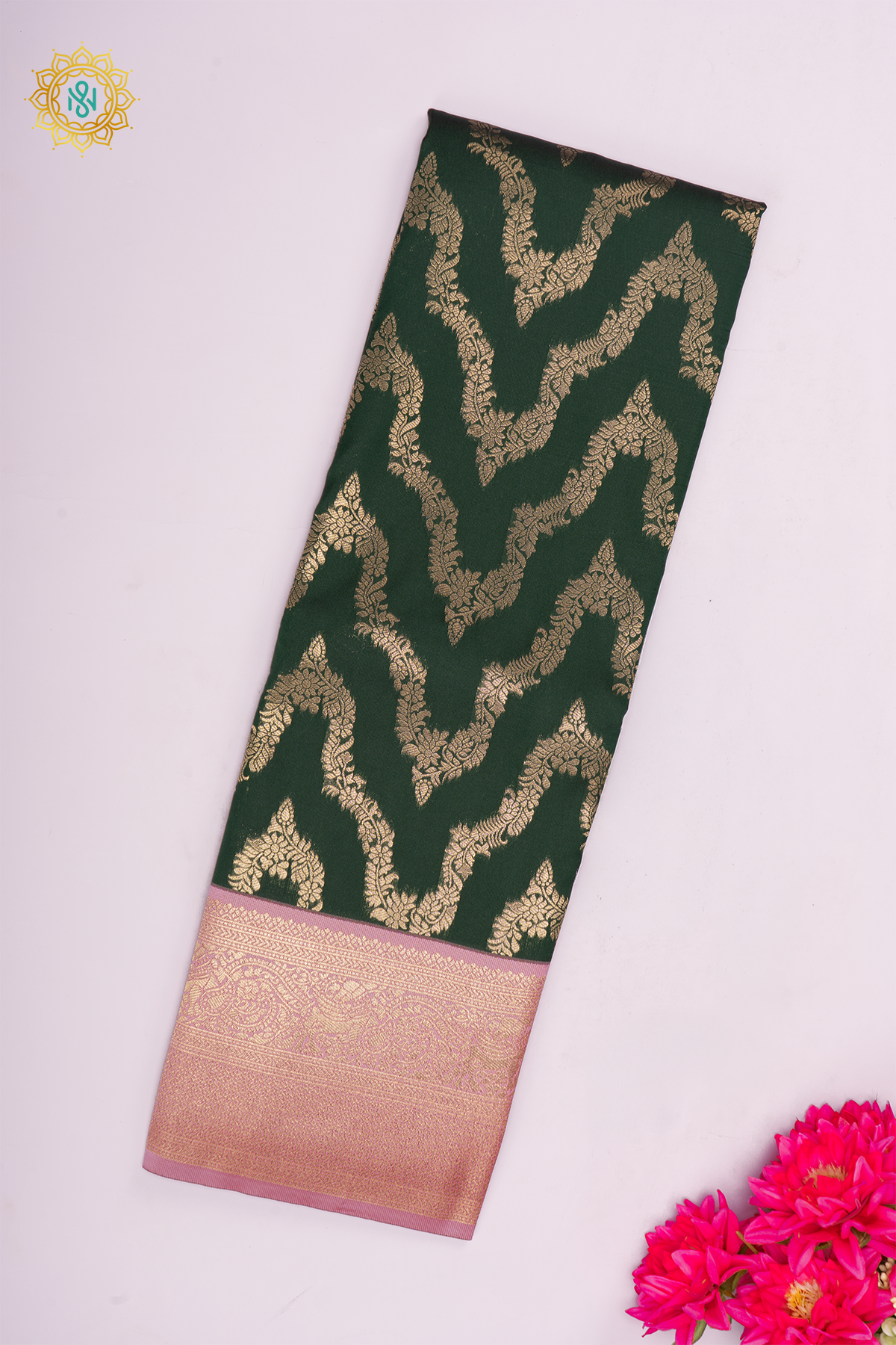 BOTTLE GREEN WITH LIGHT PINK - SEMI KANCHI