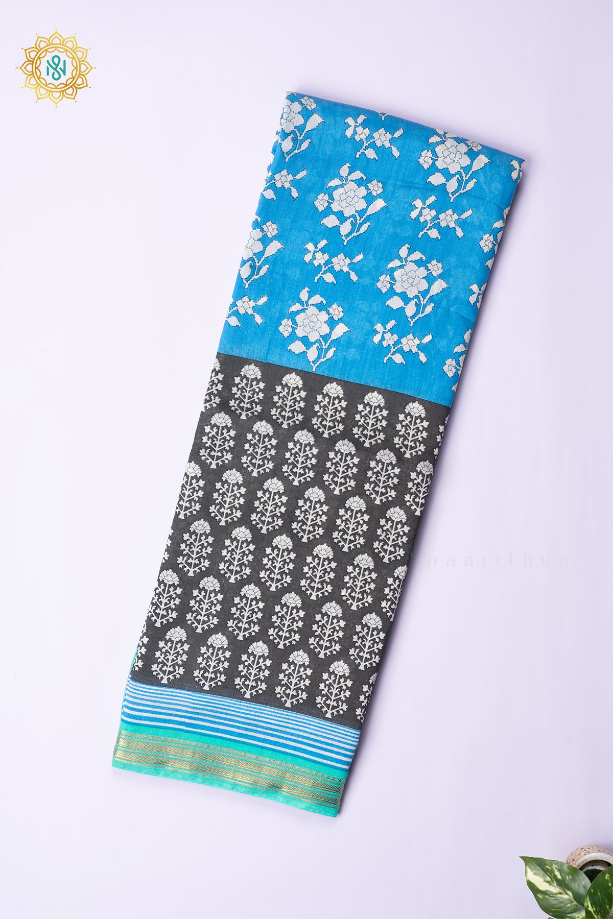 SKY BLUE WITH ELEPHANT GREY & AQUA GREEN - BUTTER CREPE