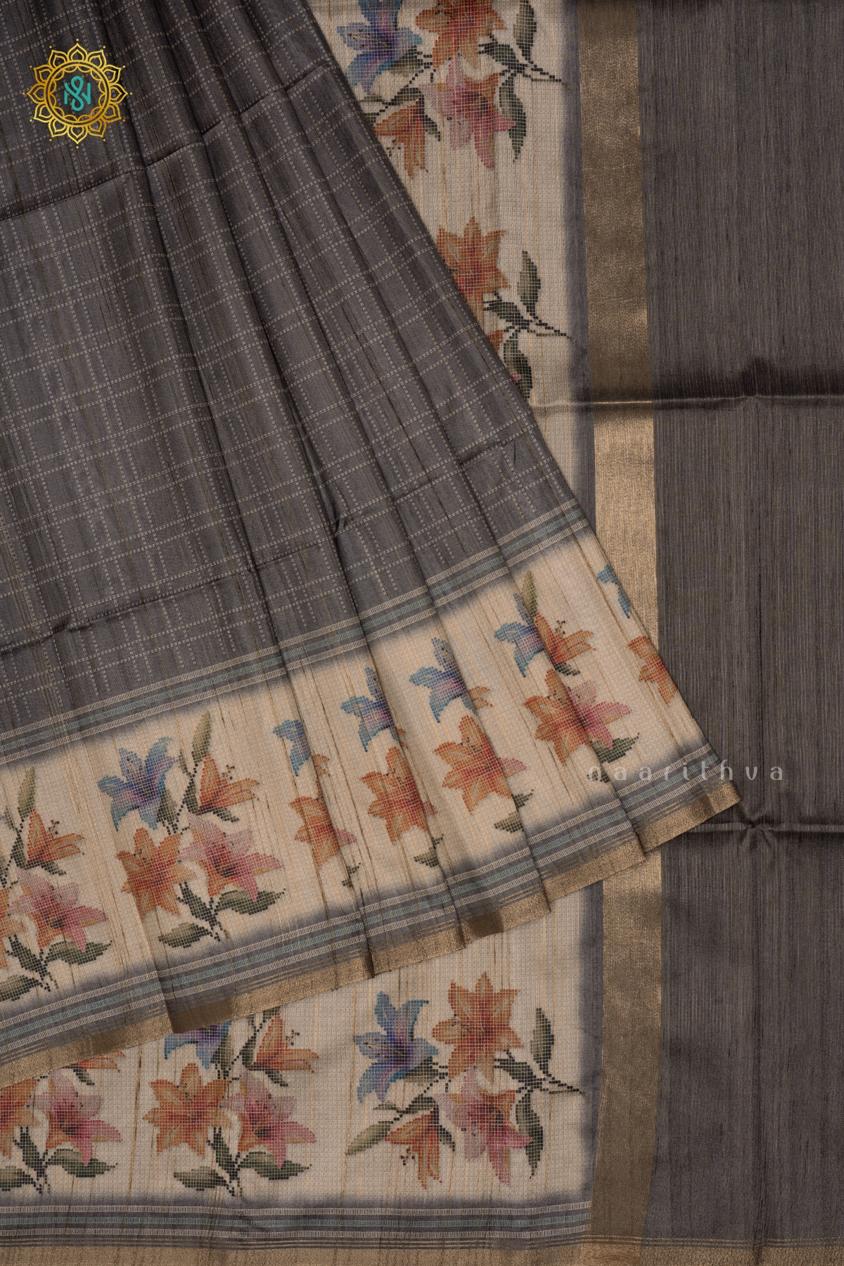 Grey Semi Tussar Silk Saree With Printed Checks On The Body And Printed Border