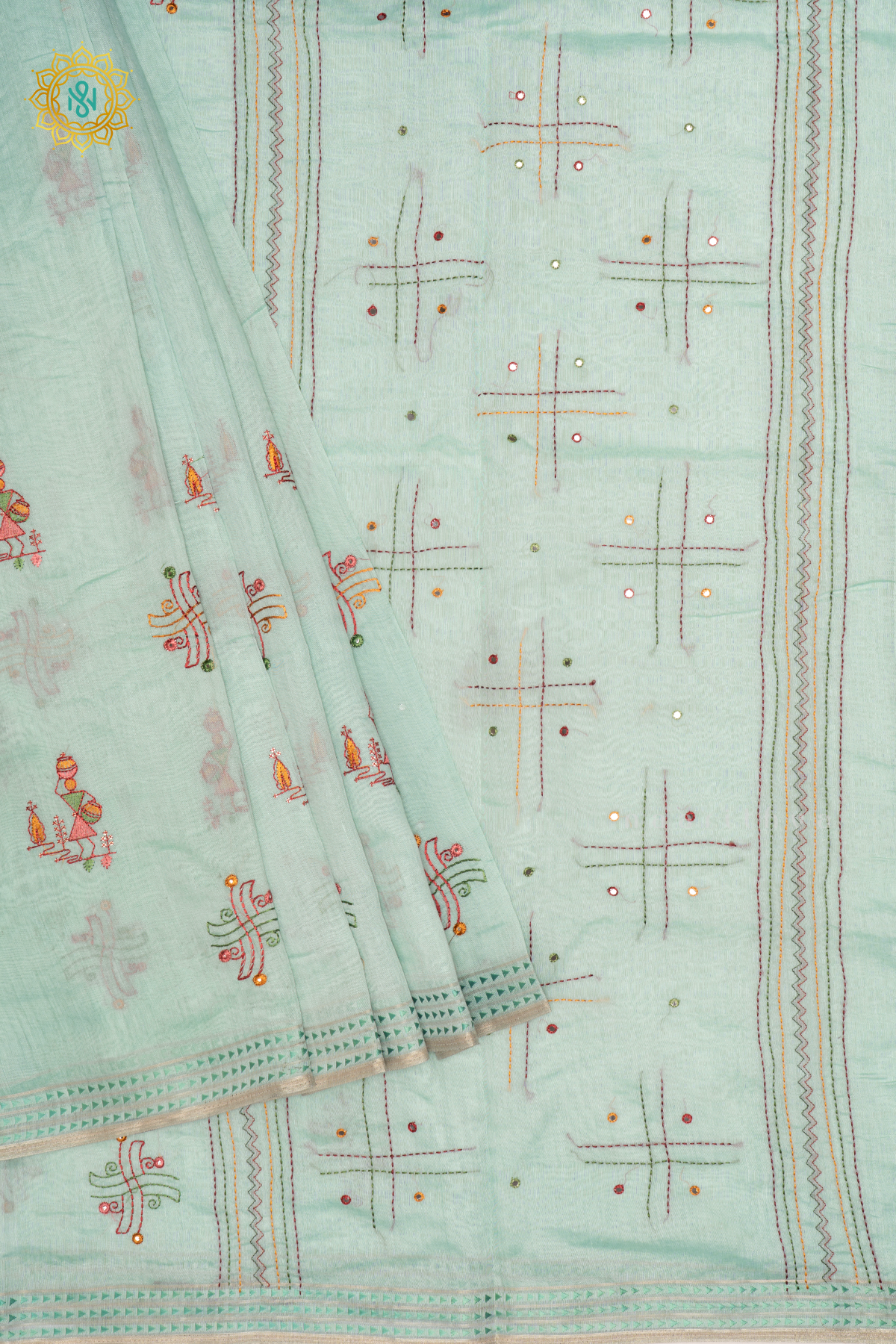 LIGHT GREEN - CHANDERI  COTTON SAREE WITH EMBROIDERY BUTTAS,  PALLU AND  THREAD WOVEN BORDER
