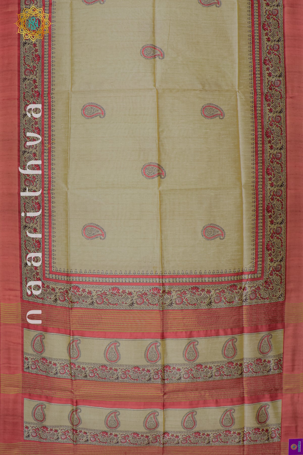 BIEGE WITH RED - SEMI TUSSAR SILK