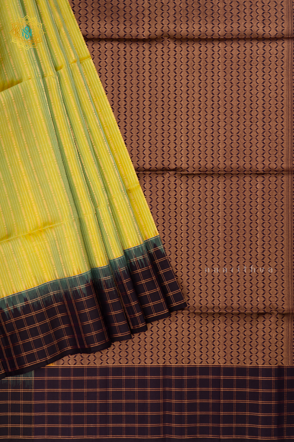 Dual Shade of Lemon Yellow and Sage Green with Navy Blue Pure Kanjivaram Soft Silk Saree With Allover Zari Stripes and Contrast Zari Checks Border