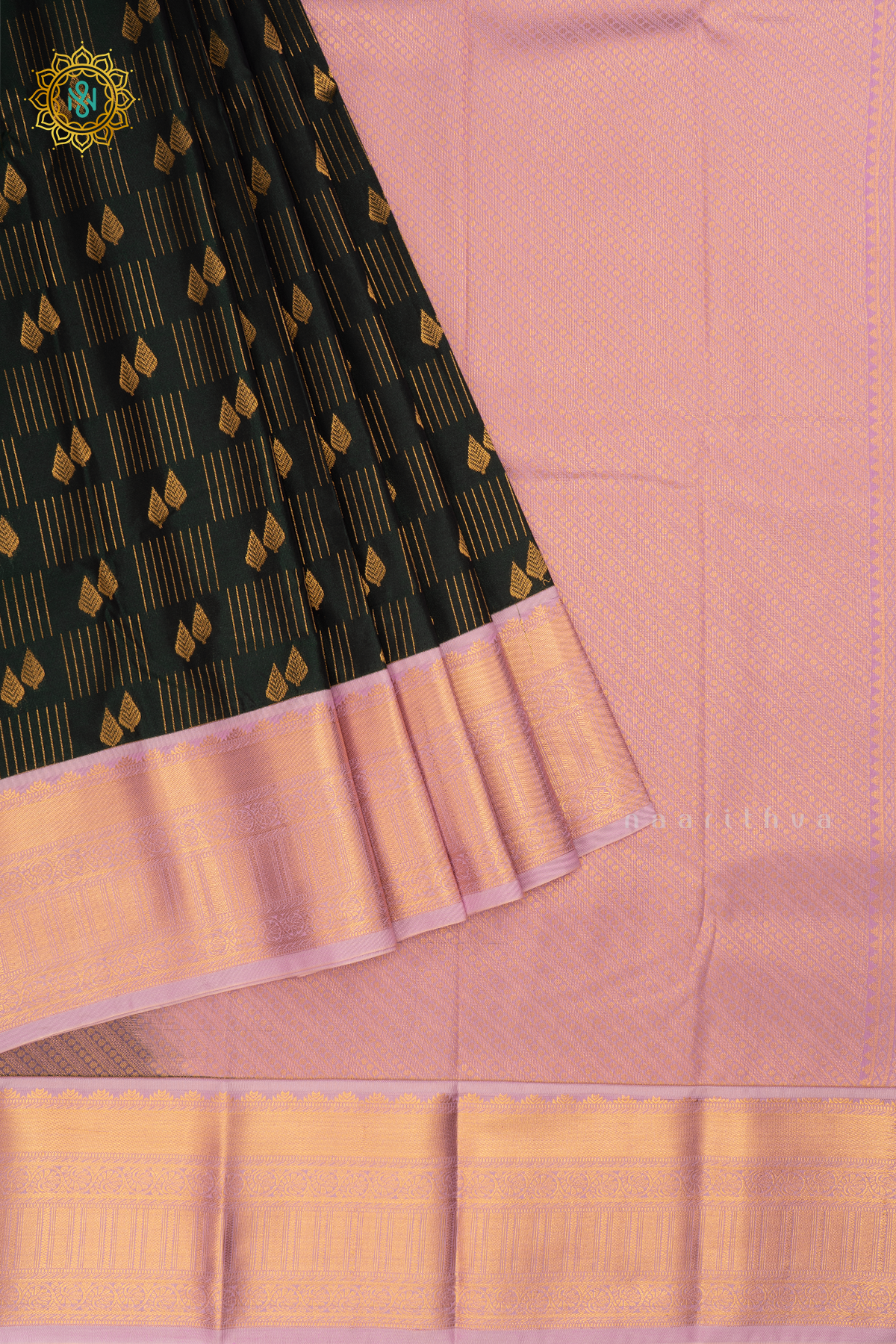 Dark Peacock Green with Lavender Semi Kanchi Saree With Zari Buttas All Over And Contrast Zari Border