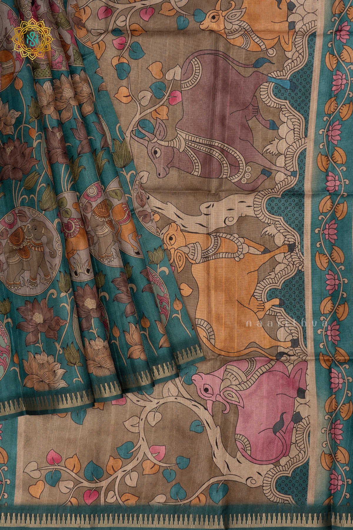 Peacock Green Semi Tussar Silk Saree With Kalamkari Prints allover the body,Pallu and Zari Border