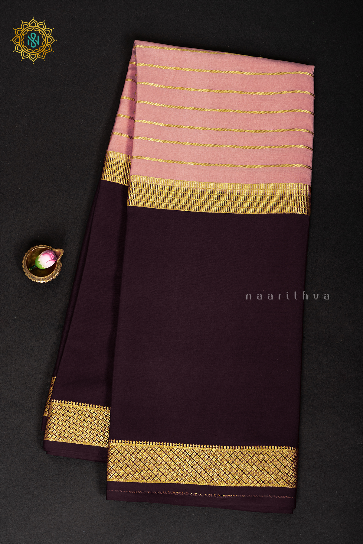 PEACH WITH BROWN - PURE MYSORE CREPE SILK