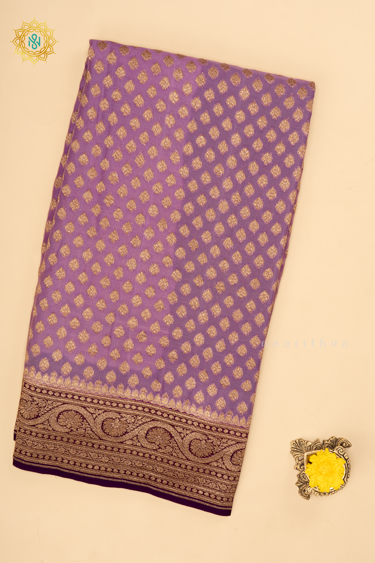 PINKISH LAVENDER WITH PURPLE - PURE BANARASI KHADDI GEORGETTE SAREE ALLOVER ZARI WOVEN BUTTAS AND  CONTRAST ZARI WOVEN BORDER