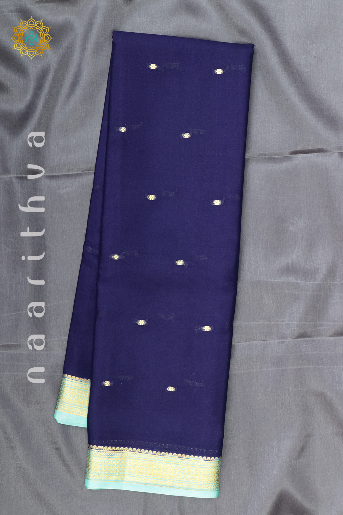 NAVY BLUE WITH AQUA GREEN - PURE MYSORE CREPE SILK