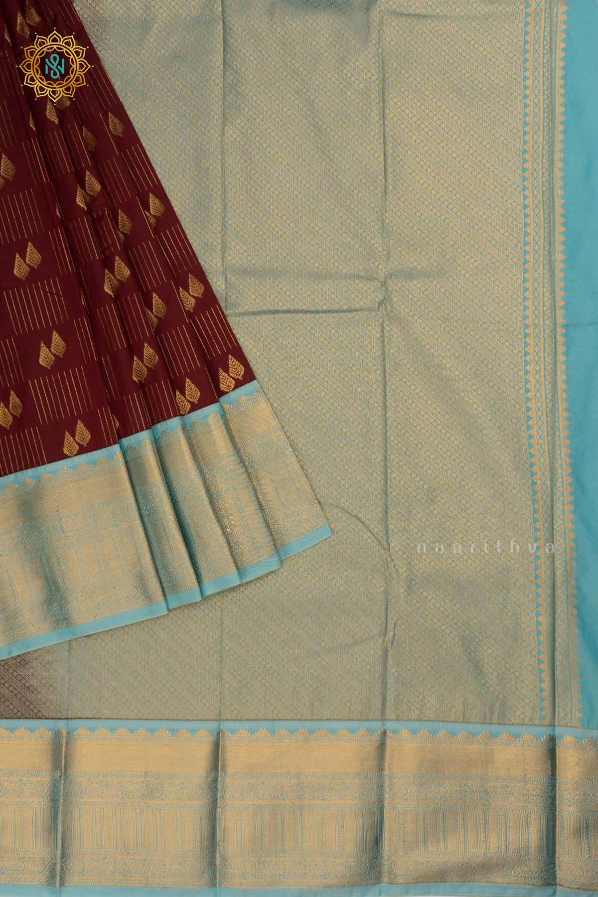 Maroon with Blue Semi Kanchi Saree With Zari Buttas All Over And Contrast Zari Border