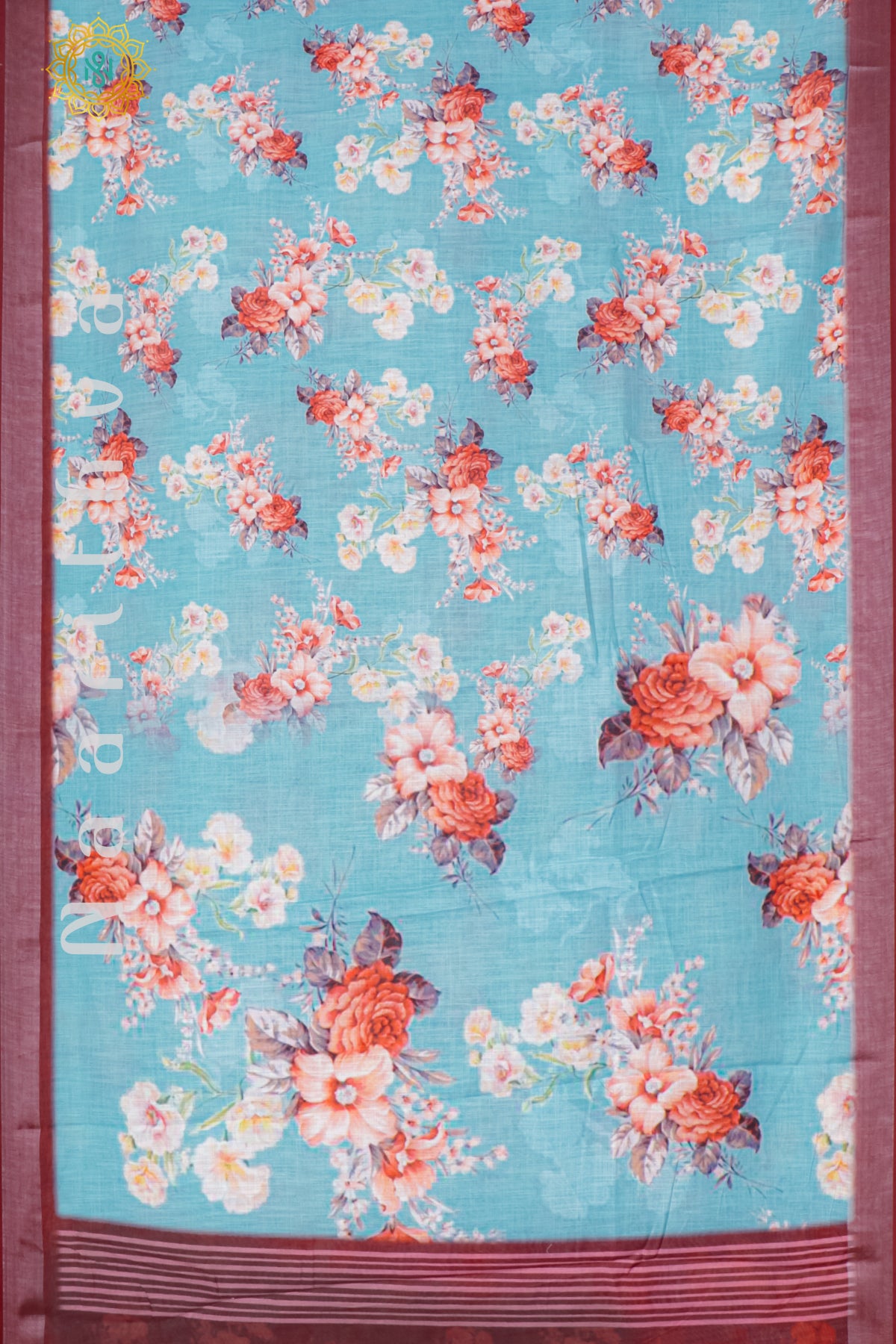 SKY BLUE WITH MAROON - LINEN BY COTTON