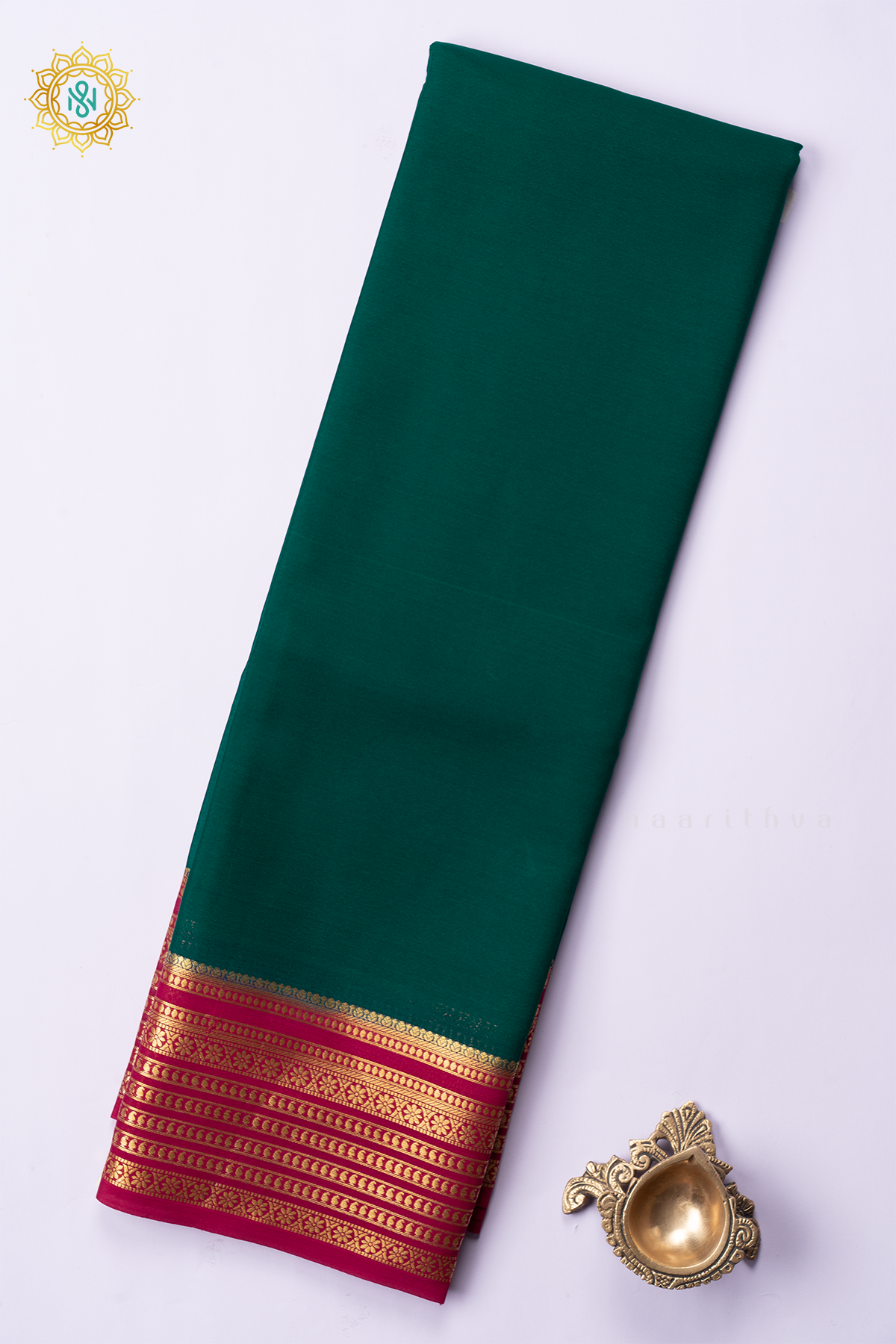 BOTTLE GREEN WITH PINK - PURE MYSORE CREPE SILK