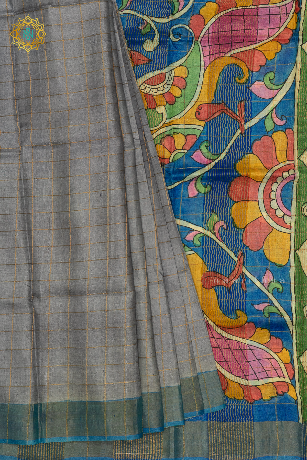 GREY WITH SKY BLUE - PURE TUSSAR SILK