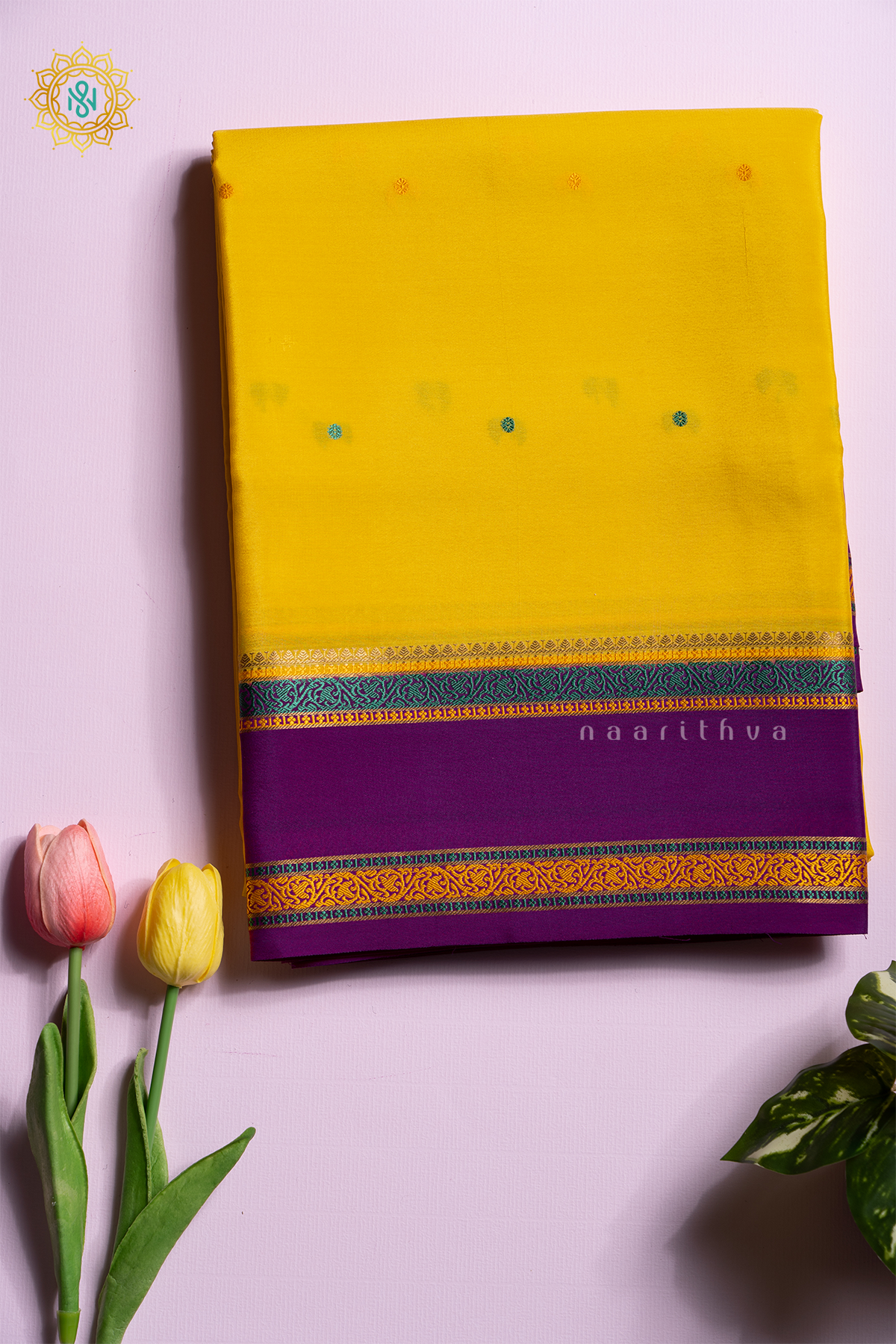 LIGHT YELLOW WITH MAGENTA - PURE MYSORE CREPE SILK