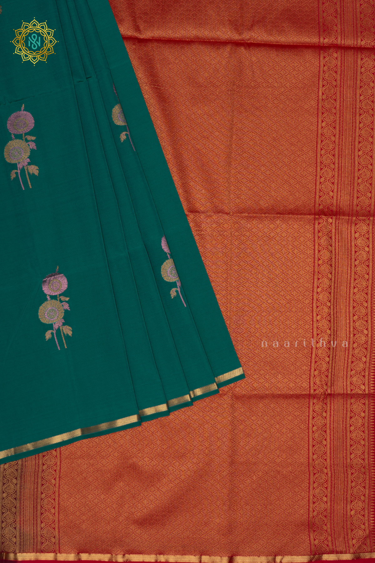 CYAN BLLUE WITH  RED- SEMI  SOFT SILK SAREE ALLOVER ZARI BUTTAS AND CONTRAST GAP BORDER