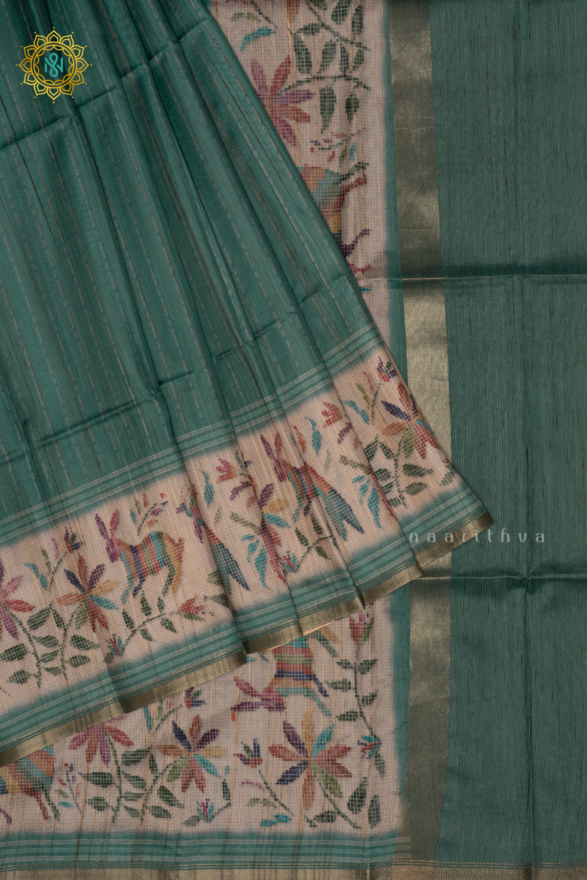 Aqua Green Semi Tussar Silk Saree With Printed Body And Printed Border