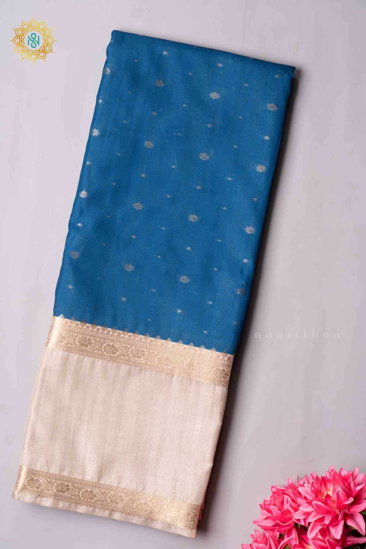 TEAL BLUE WITH BEIGE - SEMI TUSSAR SILK
