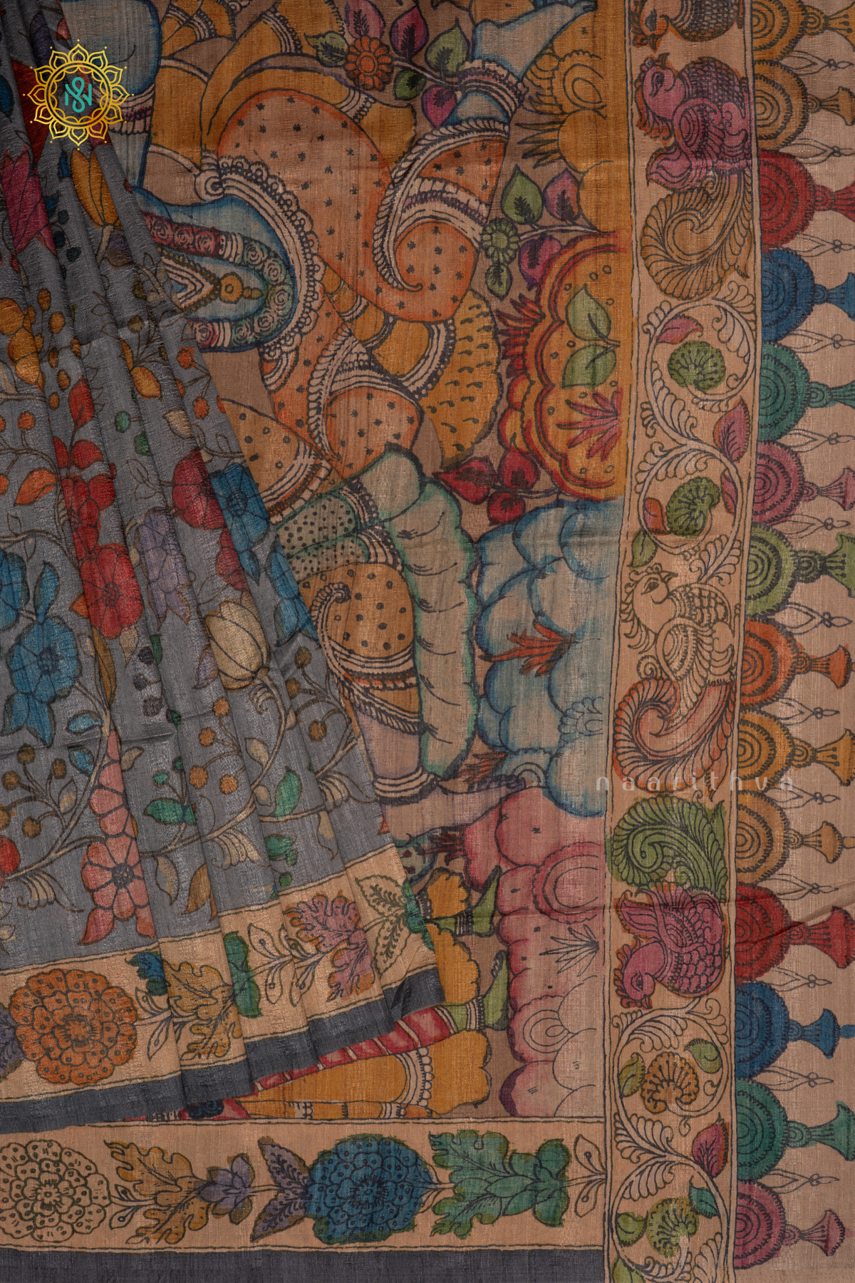 Light Grey With Beige Semi Gicha Tussar Saree With Kalamkari Printed Body, Pallu And Blouse