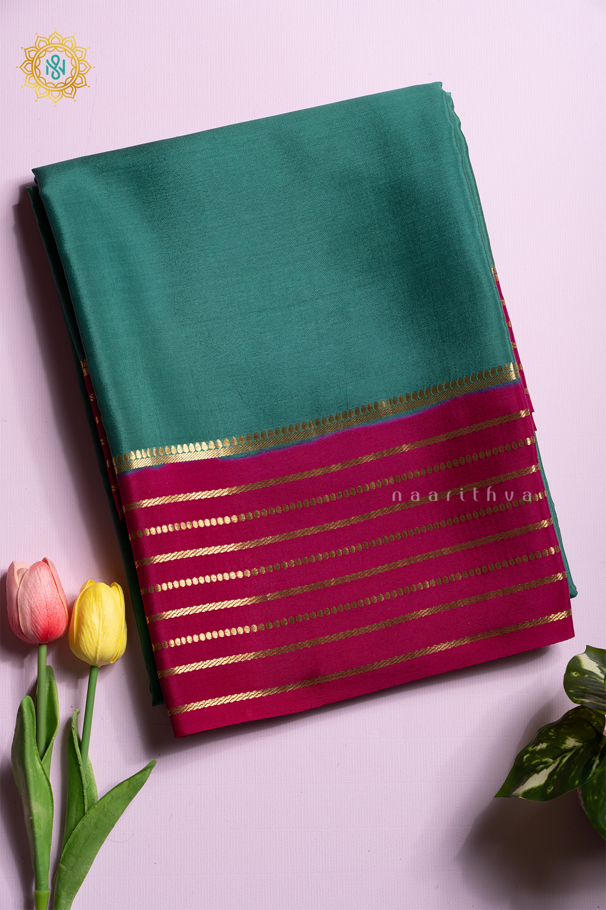 AQUA GREEN WITH PINK - PURE MYSORE CREPE SILK