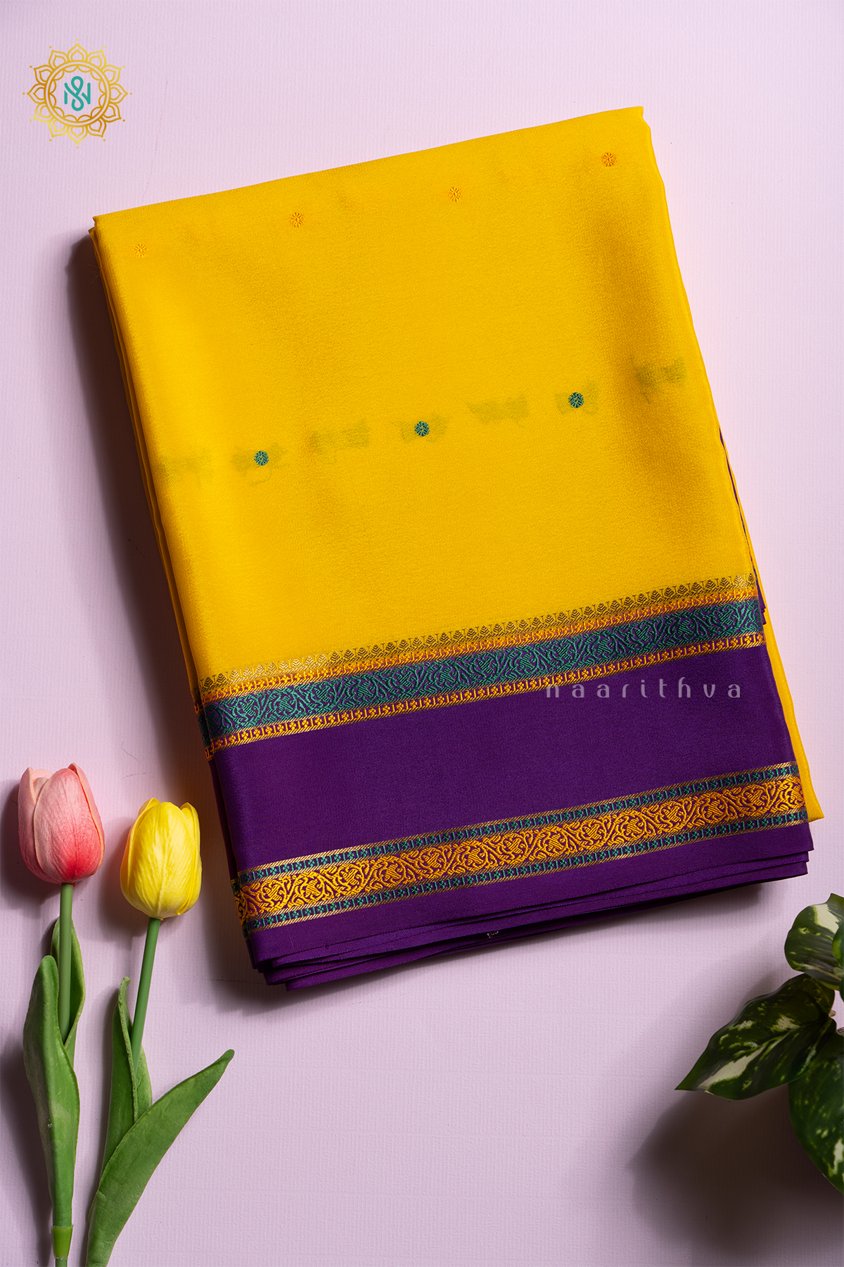 LIGHT YELLOW WITH PURPLE - PURE MYSORE CREPE SILK