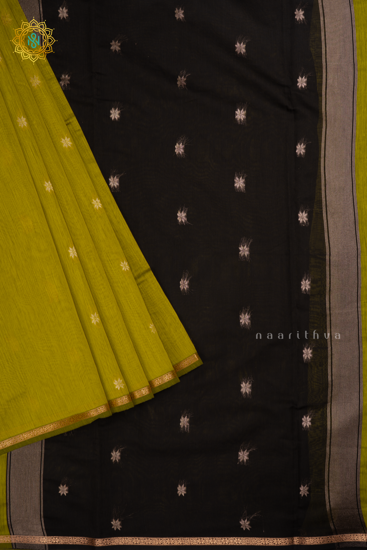 Parrot Green With Black Silk Cotton Saree With Zari Woven Buttas And Contrast Zari Border