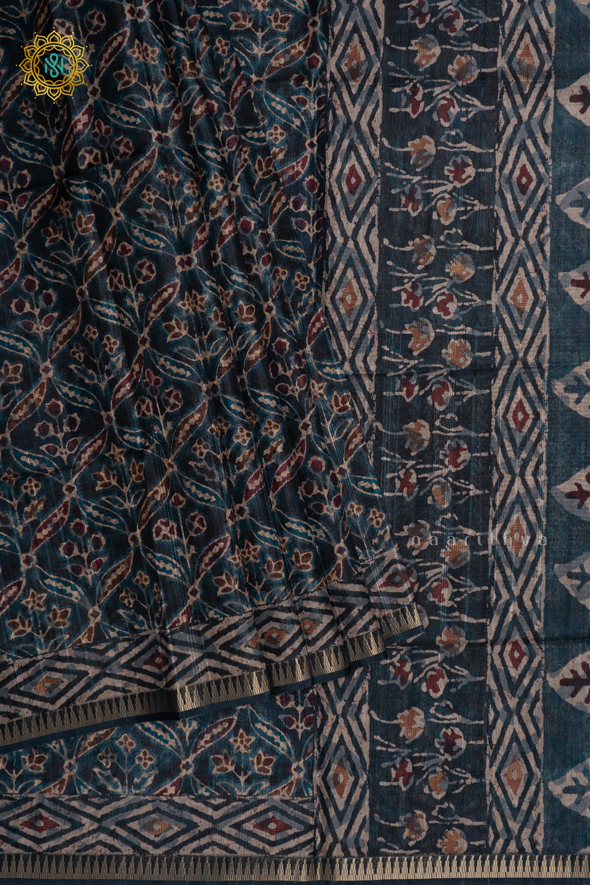NAVY BLUE - SEMI TUSSAR SILK SAREE WITH ALLOVER PRINTED BODY WITH TEMPLE RISING BORDER