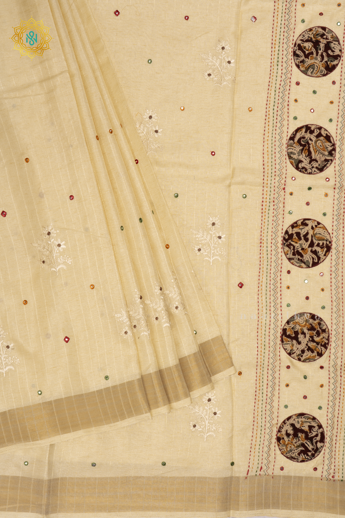 OFF WHITE - SOFT TUSSAR SILK SAREE ALLOVER KATHA WORK BUTTAS WITH KATHA STITCH AND APPLIQUÉ WORK PALLU & TISSUE BORDER