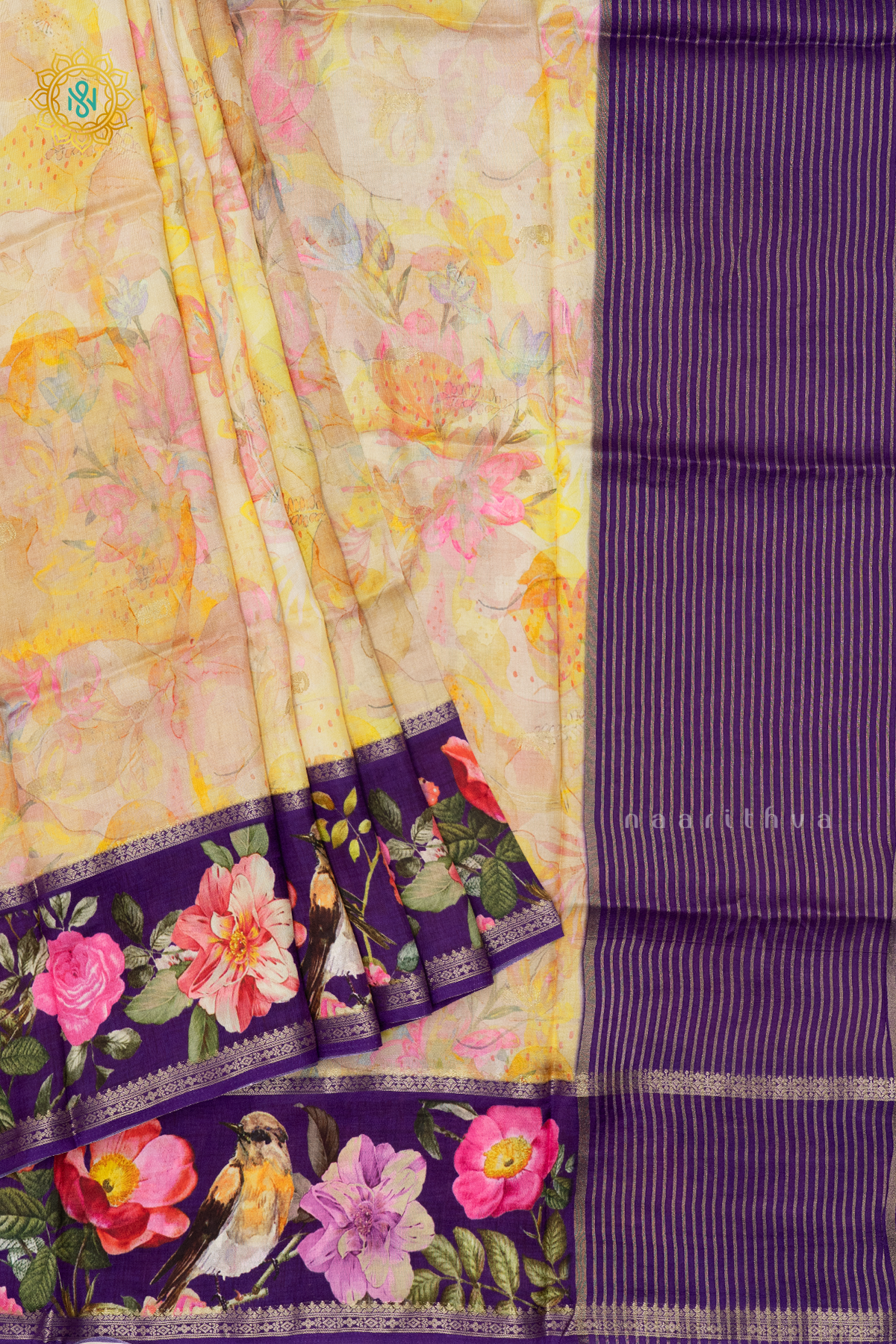 OFF WHITE WITH PURPLE - SEMI CREPE SILK