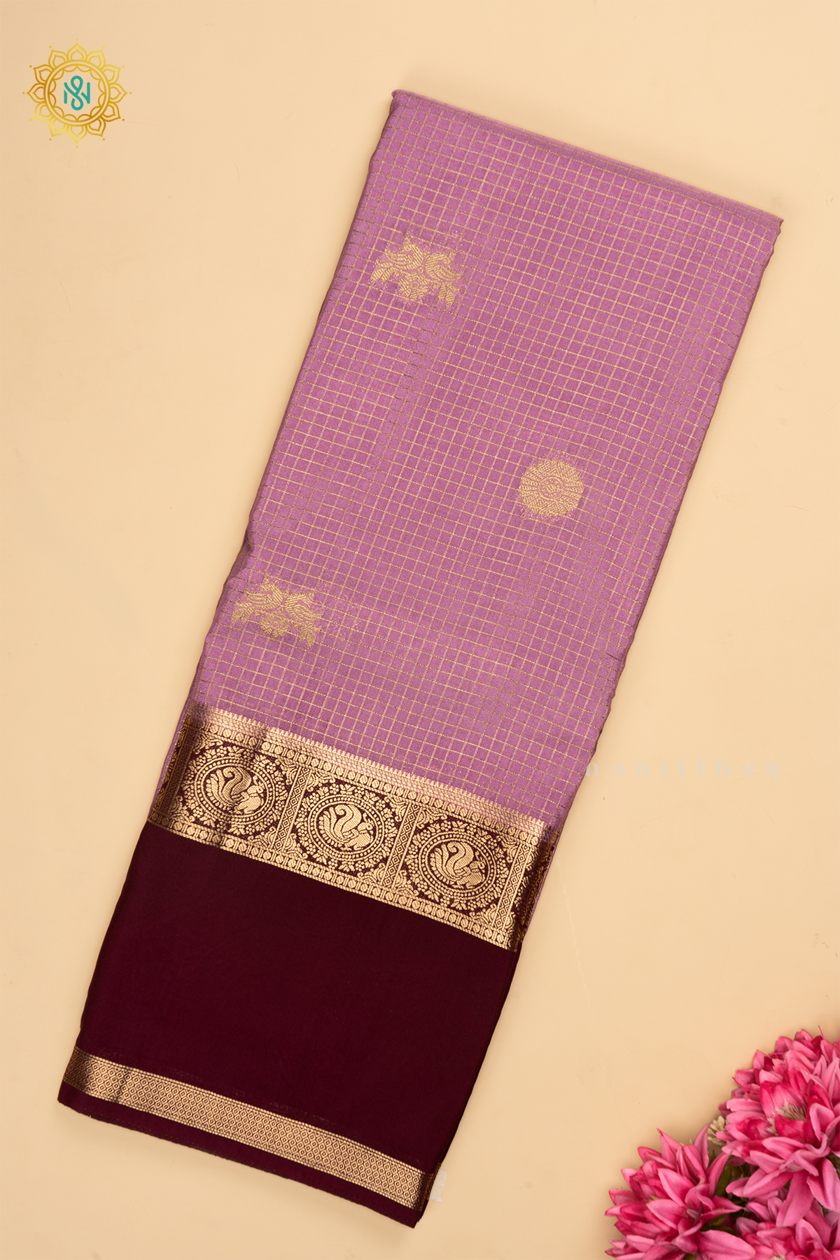 Wine with lavender - Semi Crepe Silk Saree with Allover Plain Body with Contrast Zari Border, Pallu and Blouse