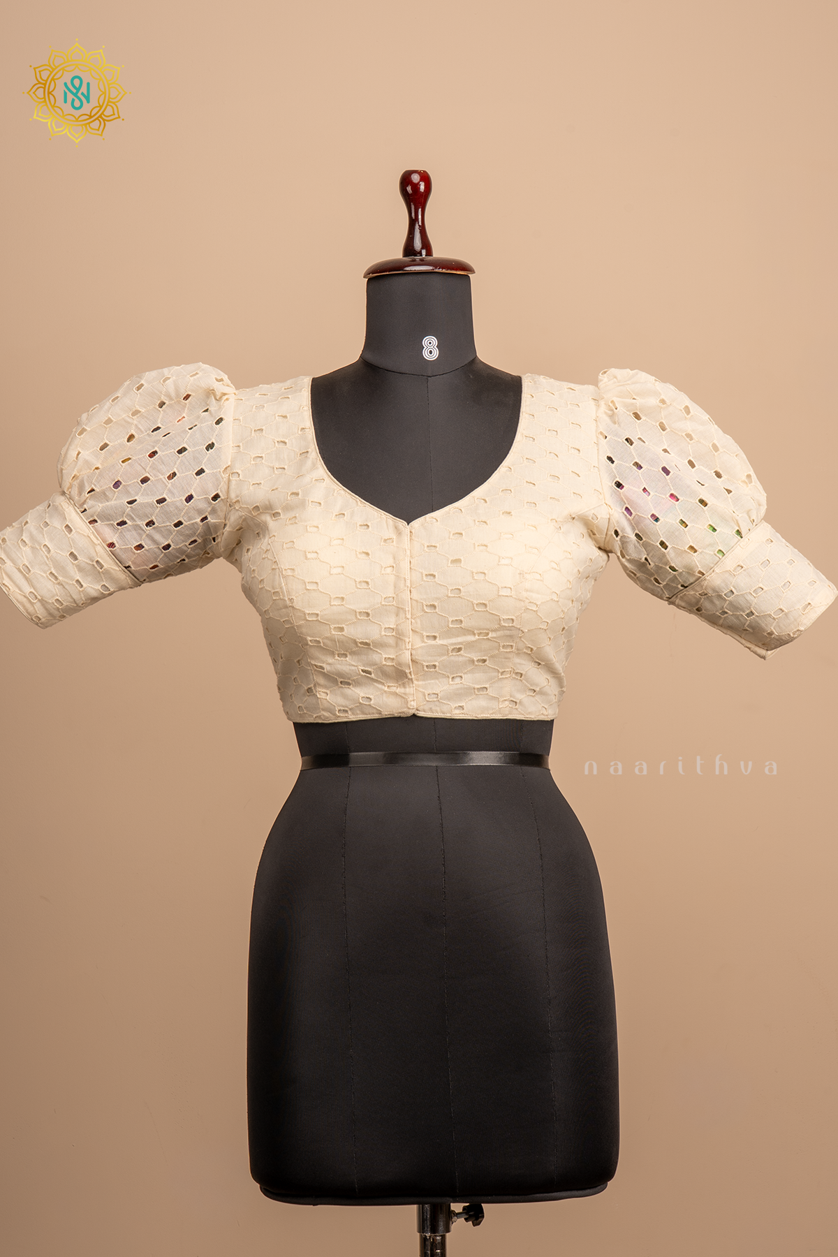 Off white - Cotton readymade blouse with hakoba work and puff sleeves