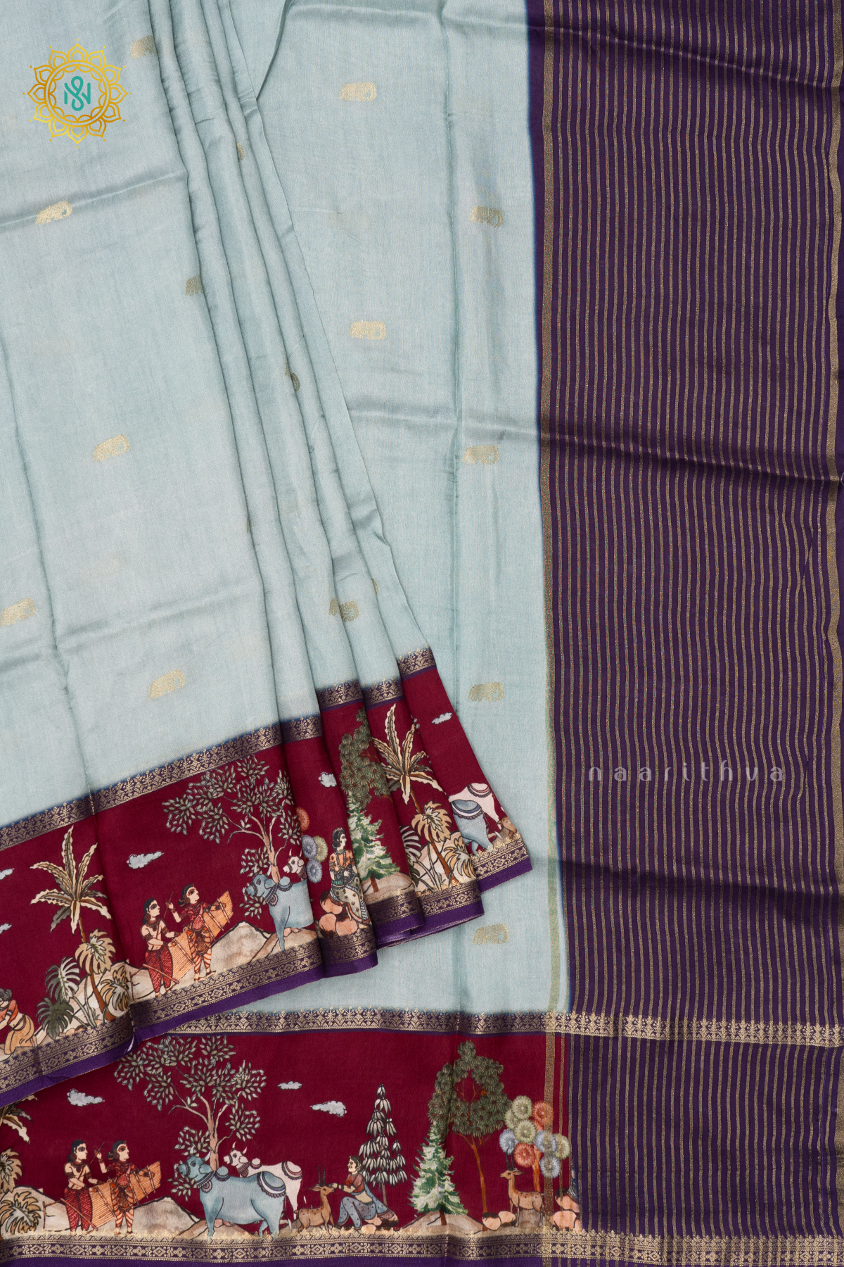 AQUA BLUE WITH PURPLE - SEMI CREPE SILK