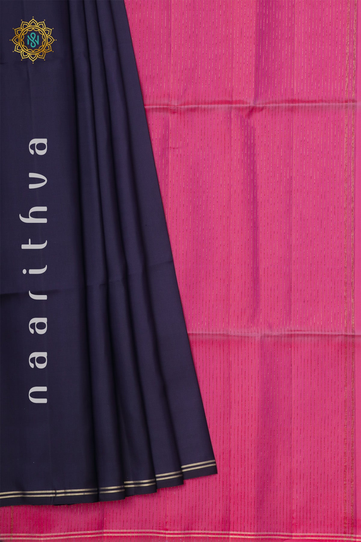 NAVY BLUE WITH ORANGEISH PINK - PURE KANJIVARAM SOFT SILK