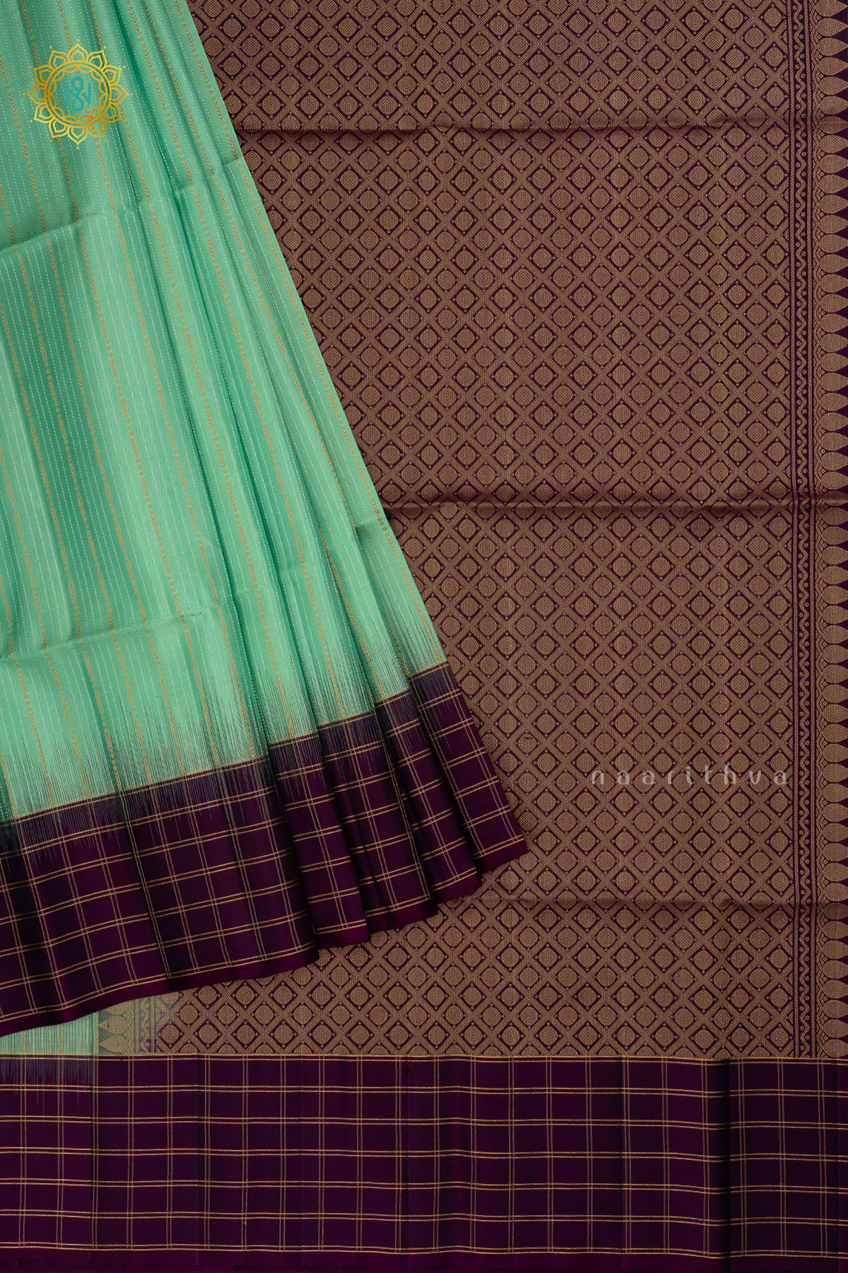 Aqua Green with Purple Pure Kanjivaram Soft Silk Saree With Allover Zari Stripes and Contrast Zari Checks Border