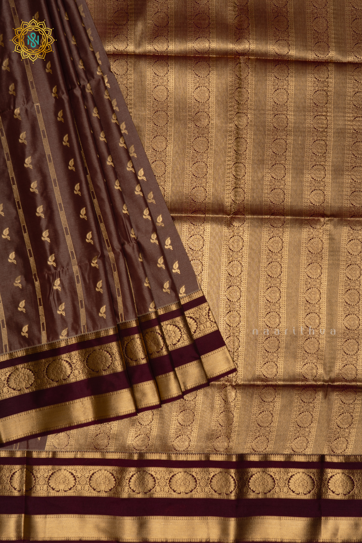 LIGHT BROWN WITH CHOCOLATE BROWN - SEMI SOFT SILK SAREE ALLOVER ZARI BUTTAS AND CONTRAST GAP BORDER
