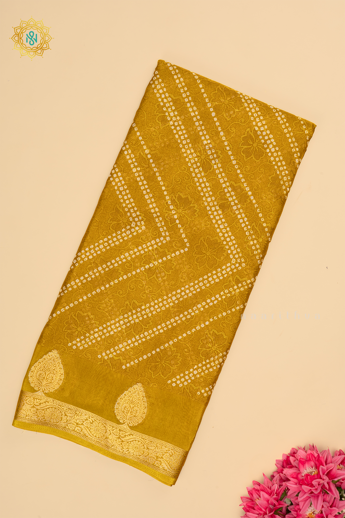 YELLOW - SEMI GEORGETTE ALLOVER BANDHANI PRINTED BODY WITH ZARI BORDER