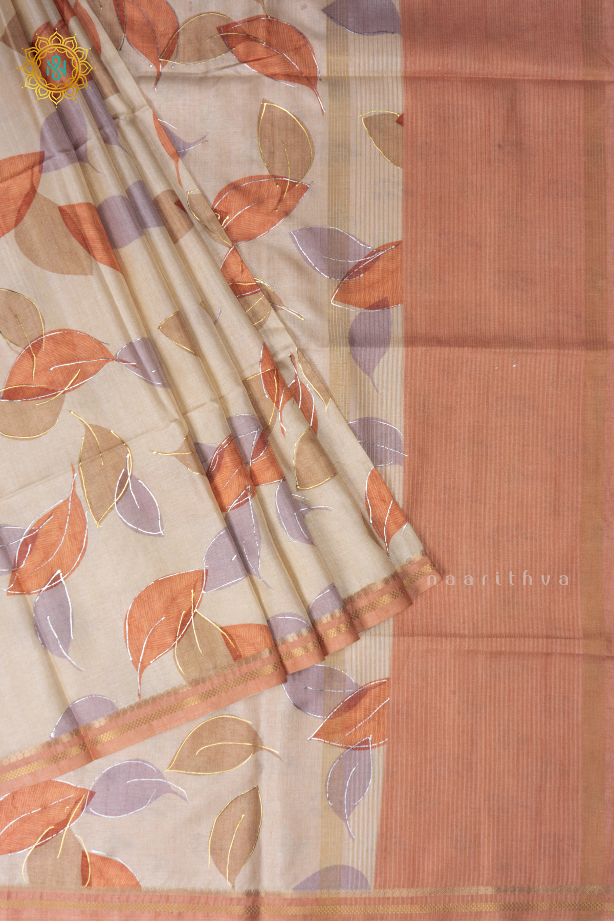 Off White With Peachish Orange Semi Tussar Silk Saree With Allover Leaf Prints On The Body With Contrast Pallu